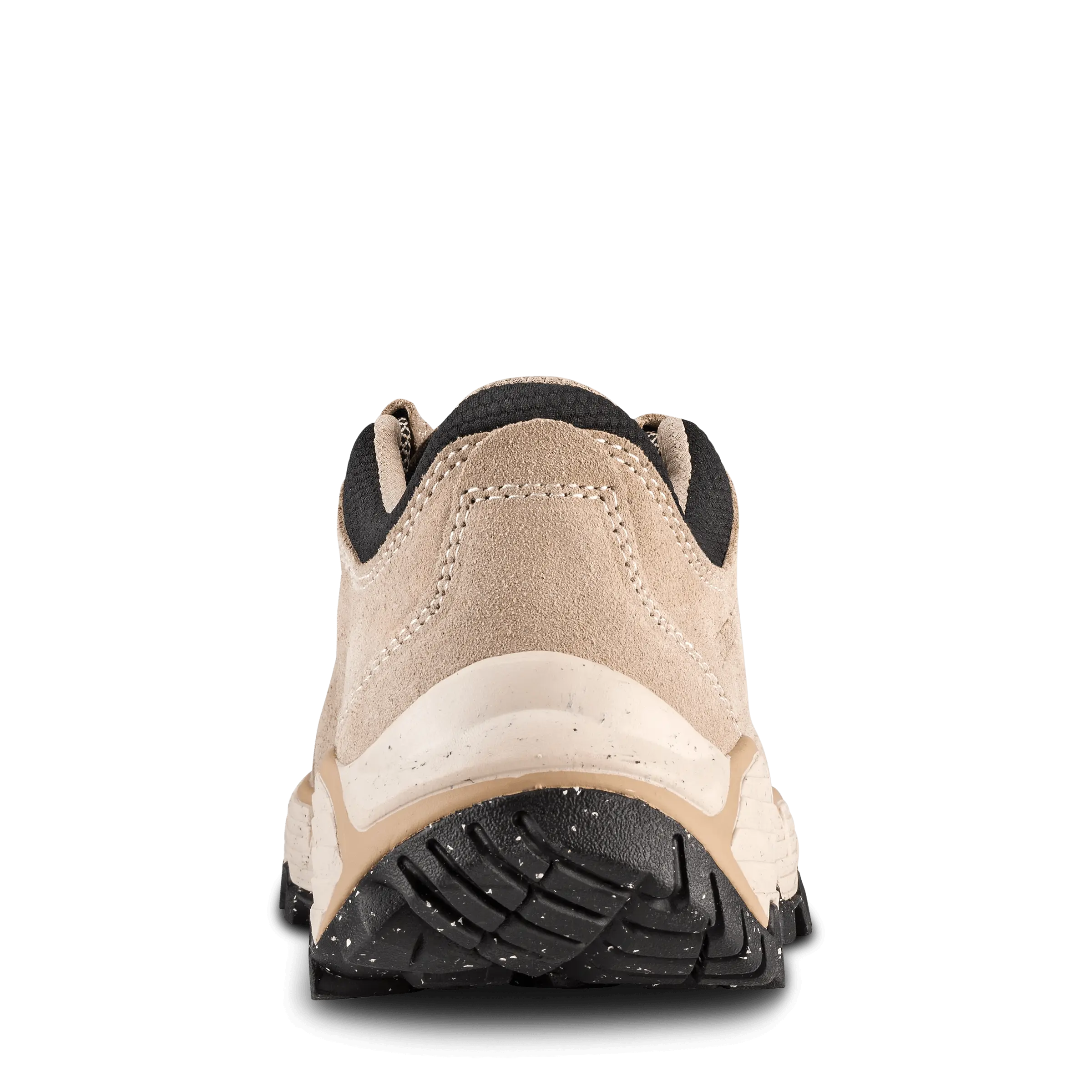 Beige hiking shoe with black sole on a white background