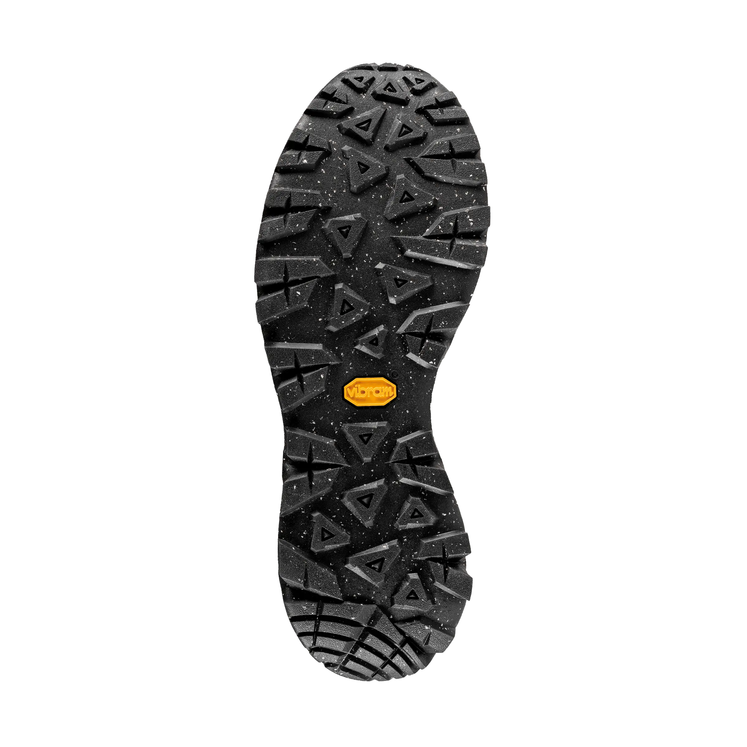 Close-up of a black shoe sole with a brand logo on a transparent background