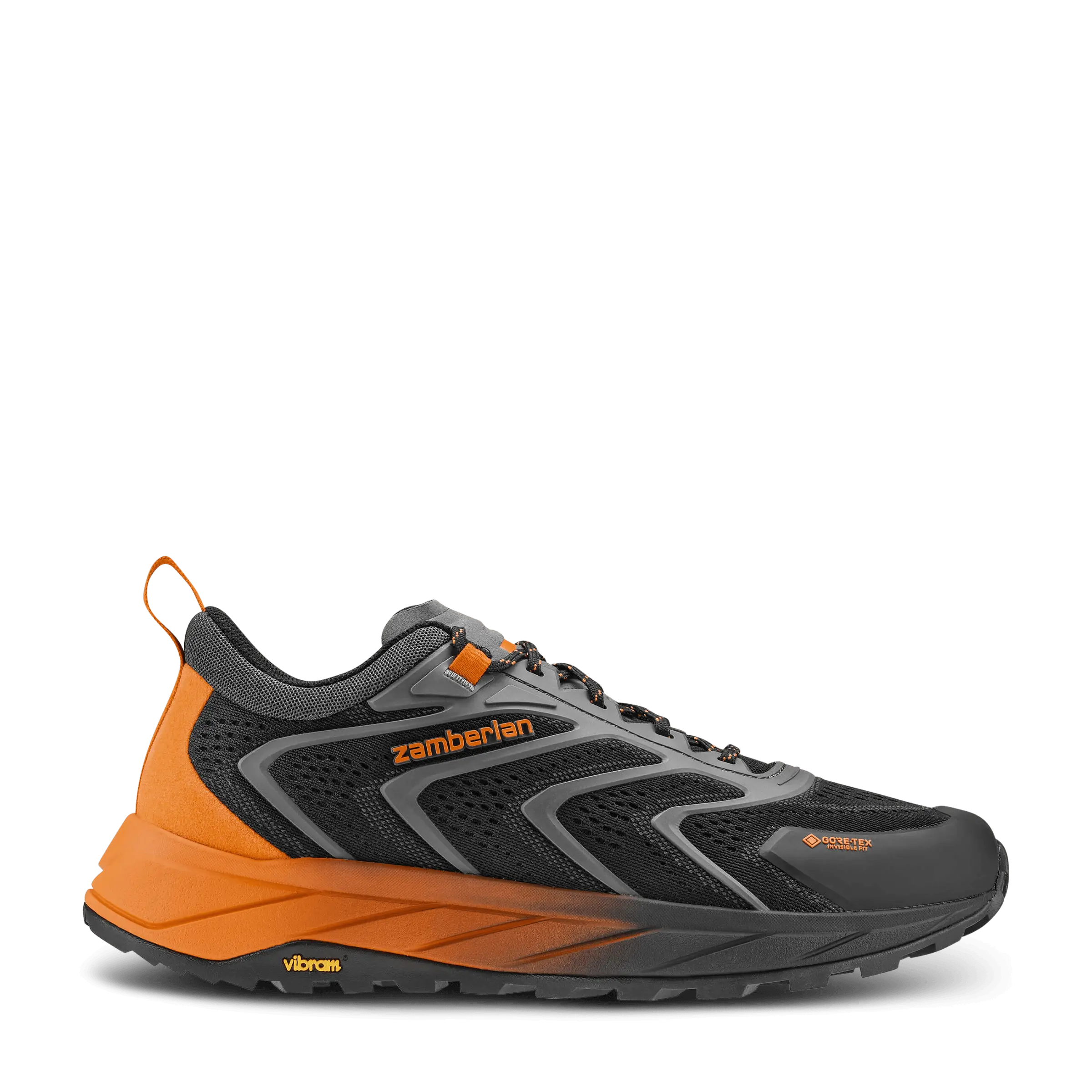 Orange and gray athletic shoe with 'Zamberlan' branding on a black background