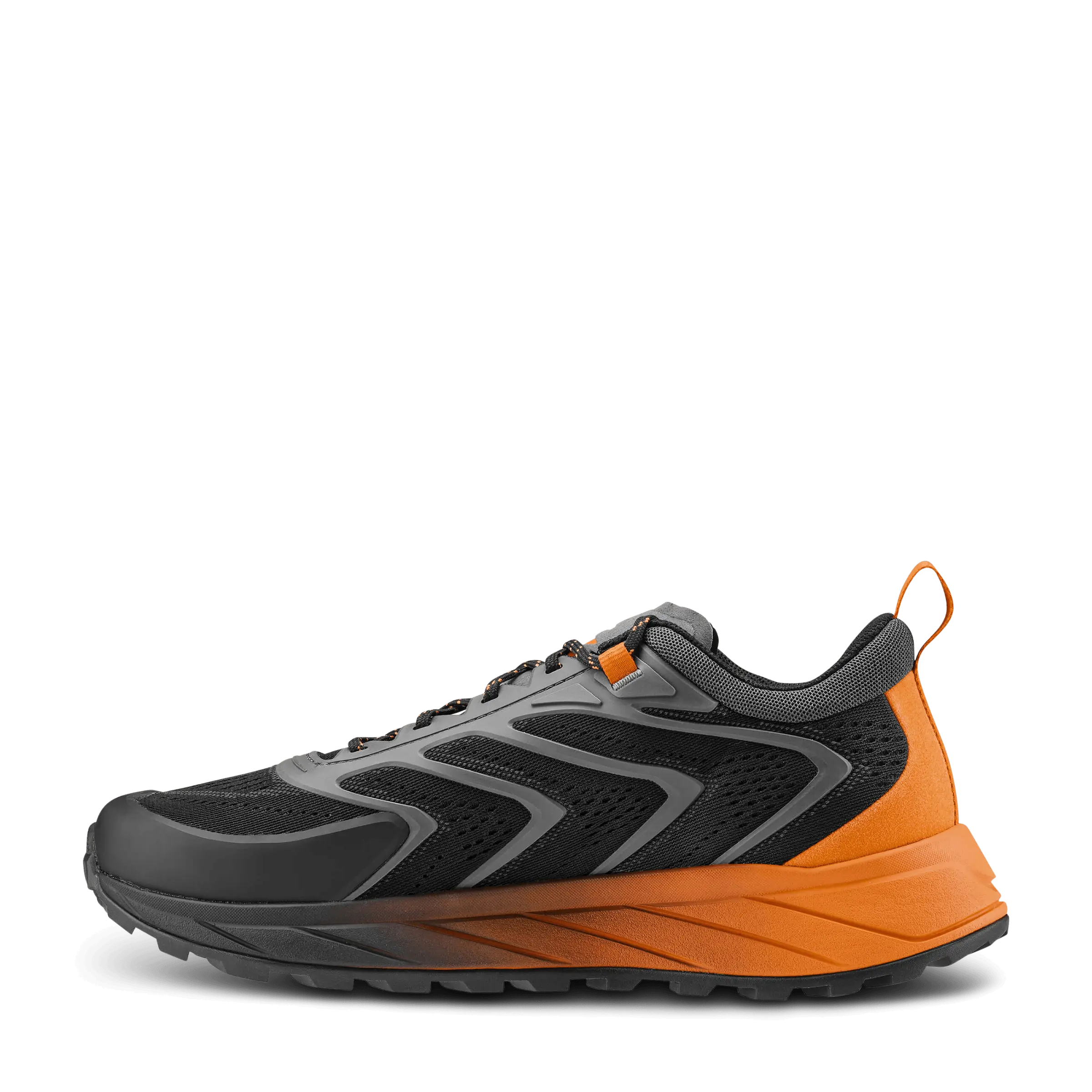 Black and orange athletic shoe on a white background