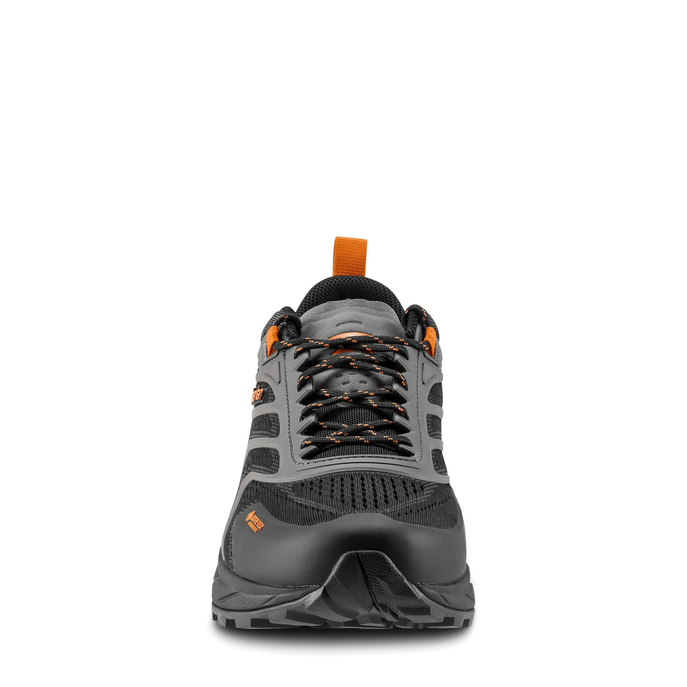 Gray hiking shoe with orange accents on a black background