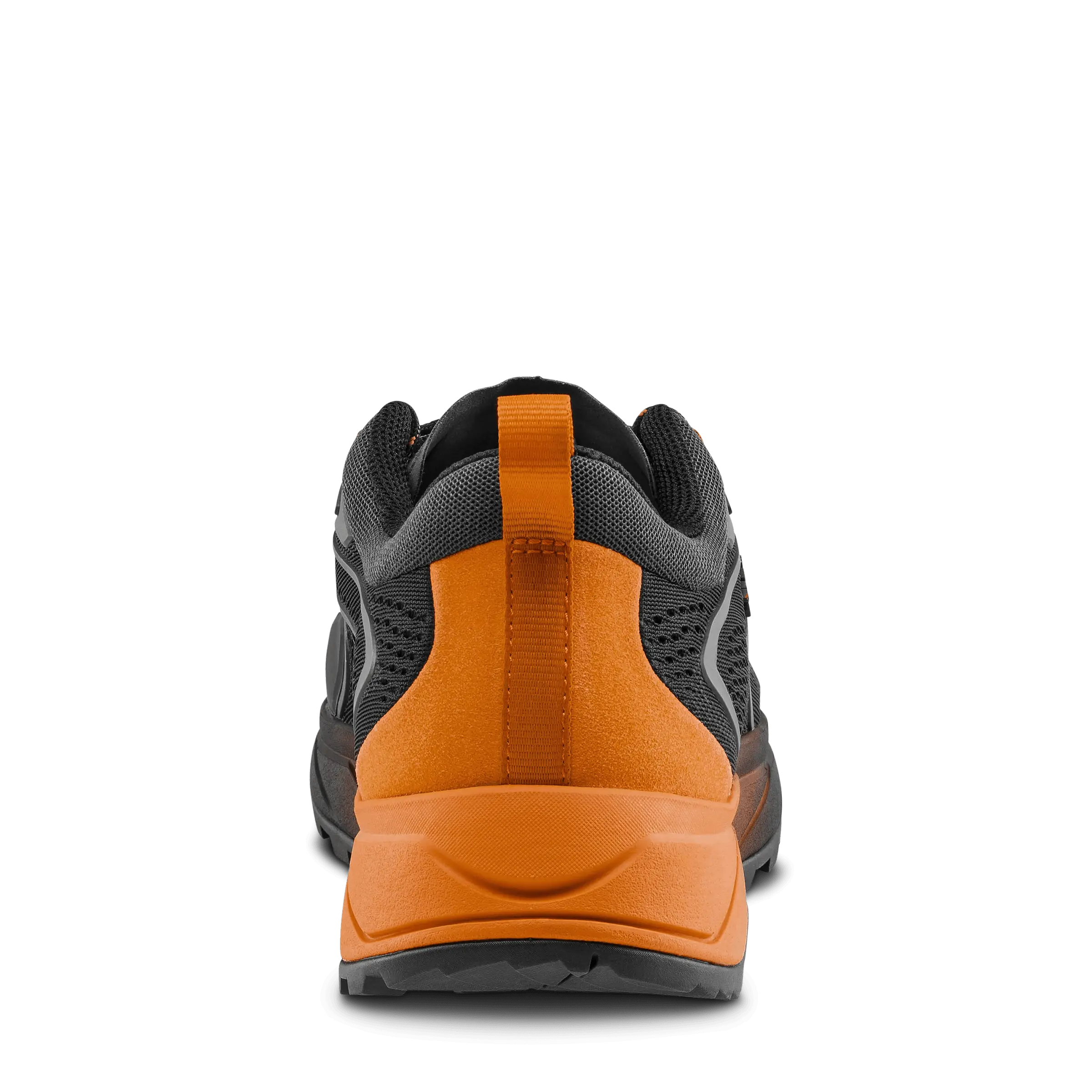 Back view of a gray and orange athletic shoe on a black background