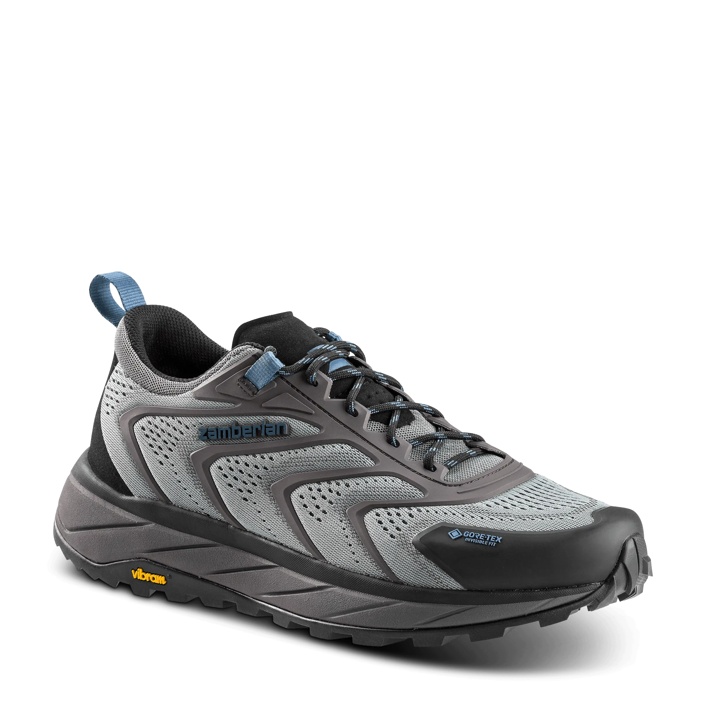 Gray hiking shoe with blue accents on a black background
