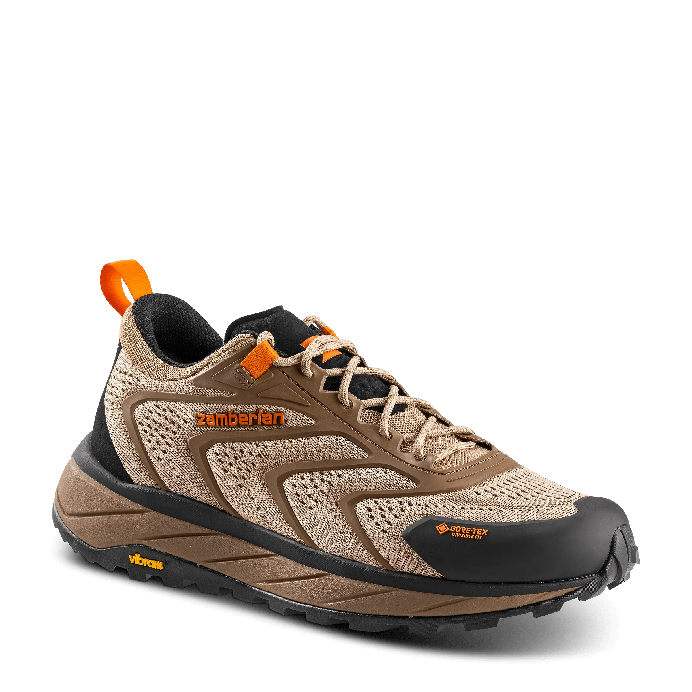 Brown hiking shoe with orange accents on a black background