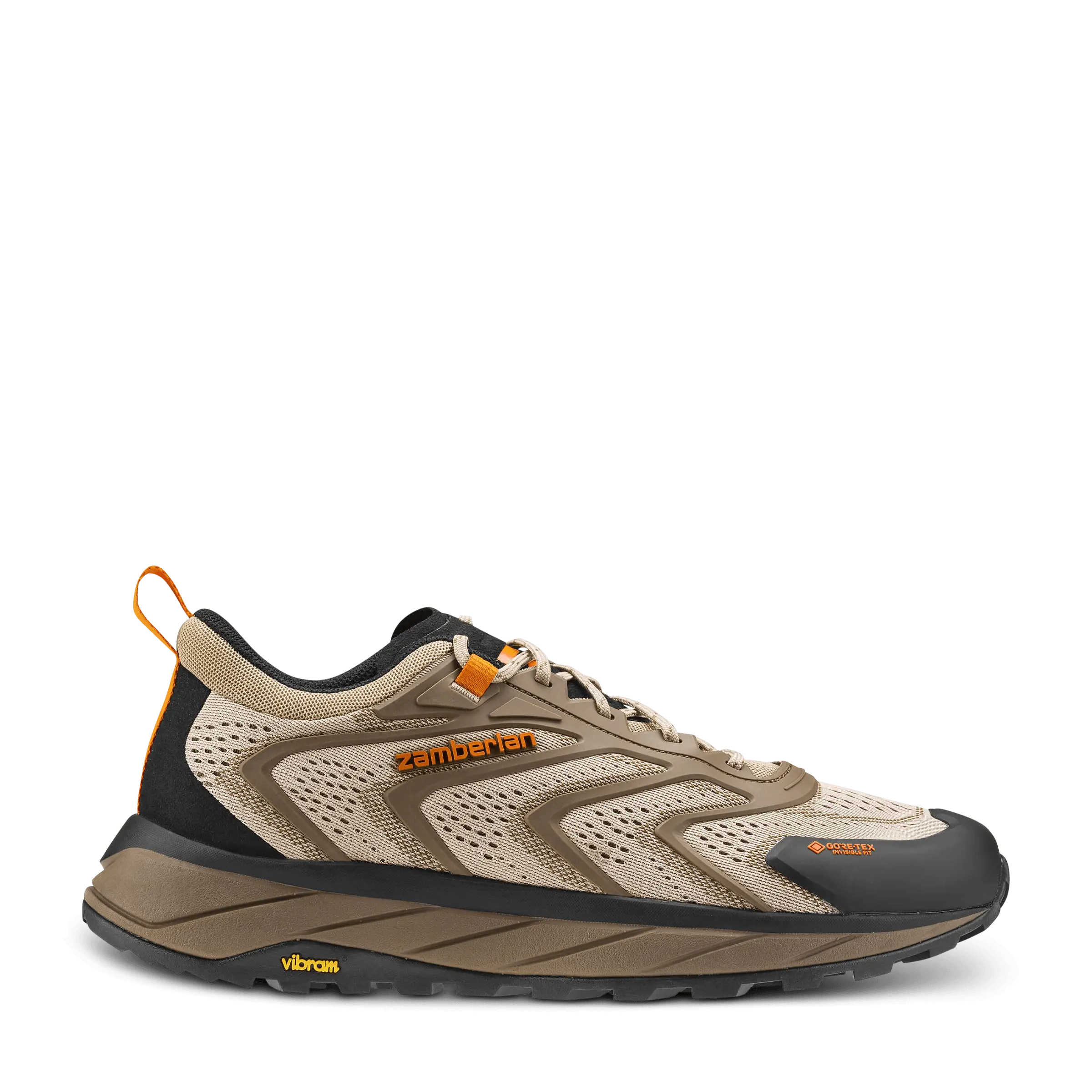 Beige and black running shoe with orange accents on a white background