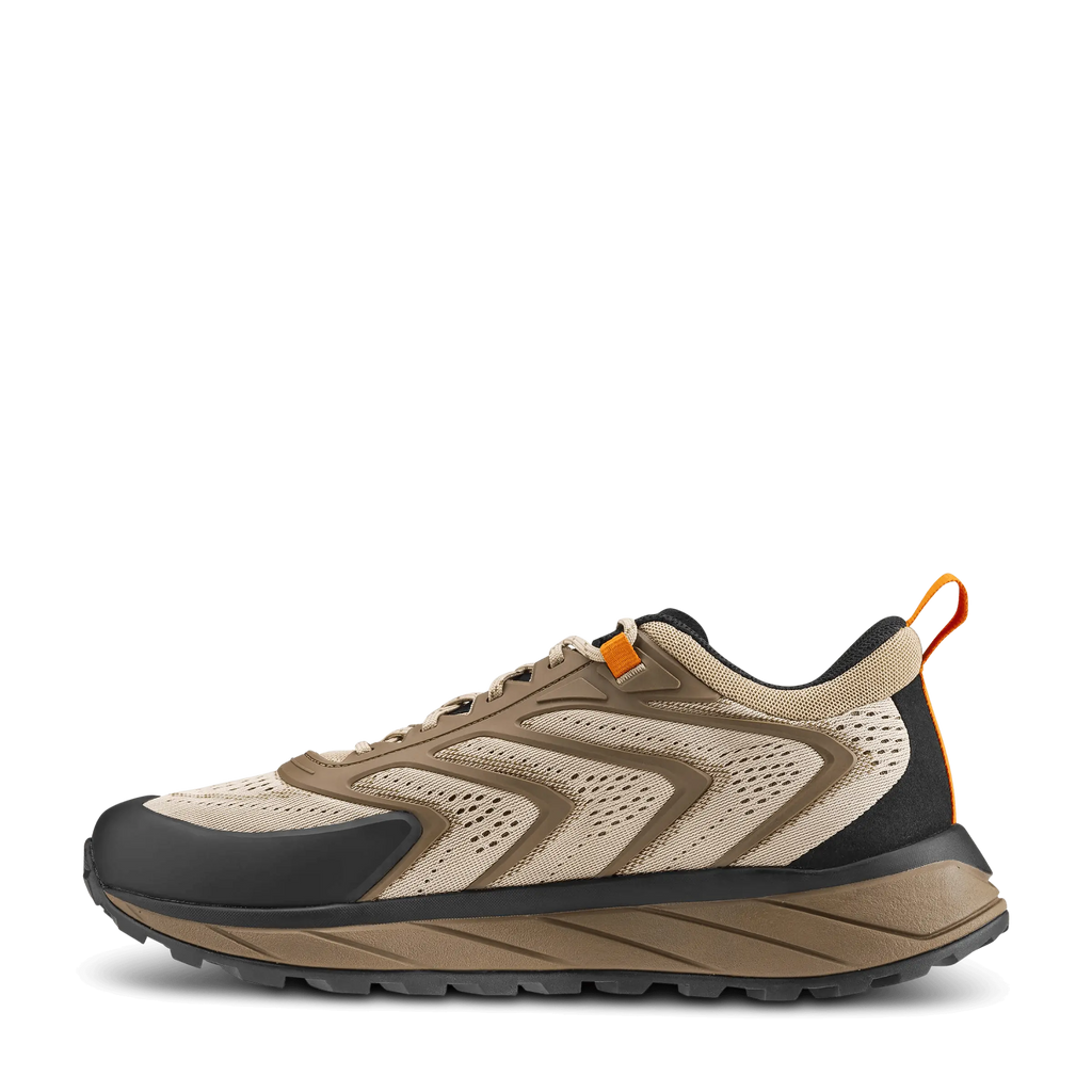 Beige and black sneaker with orange accents on a white background