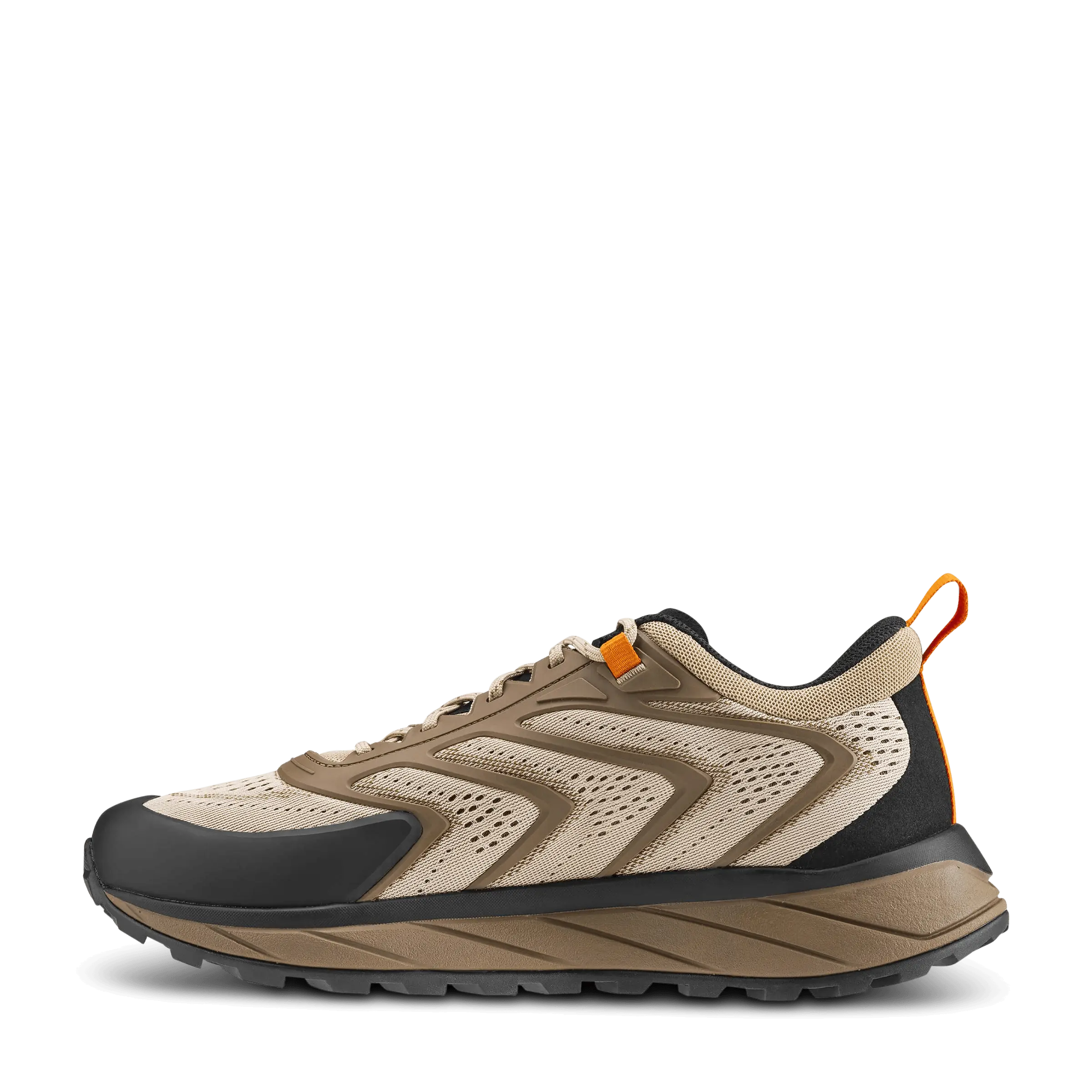 Beige and black sneaker with orange accents on a white background