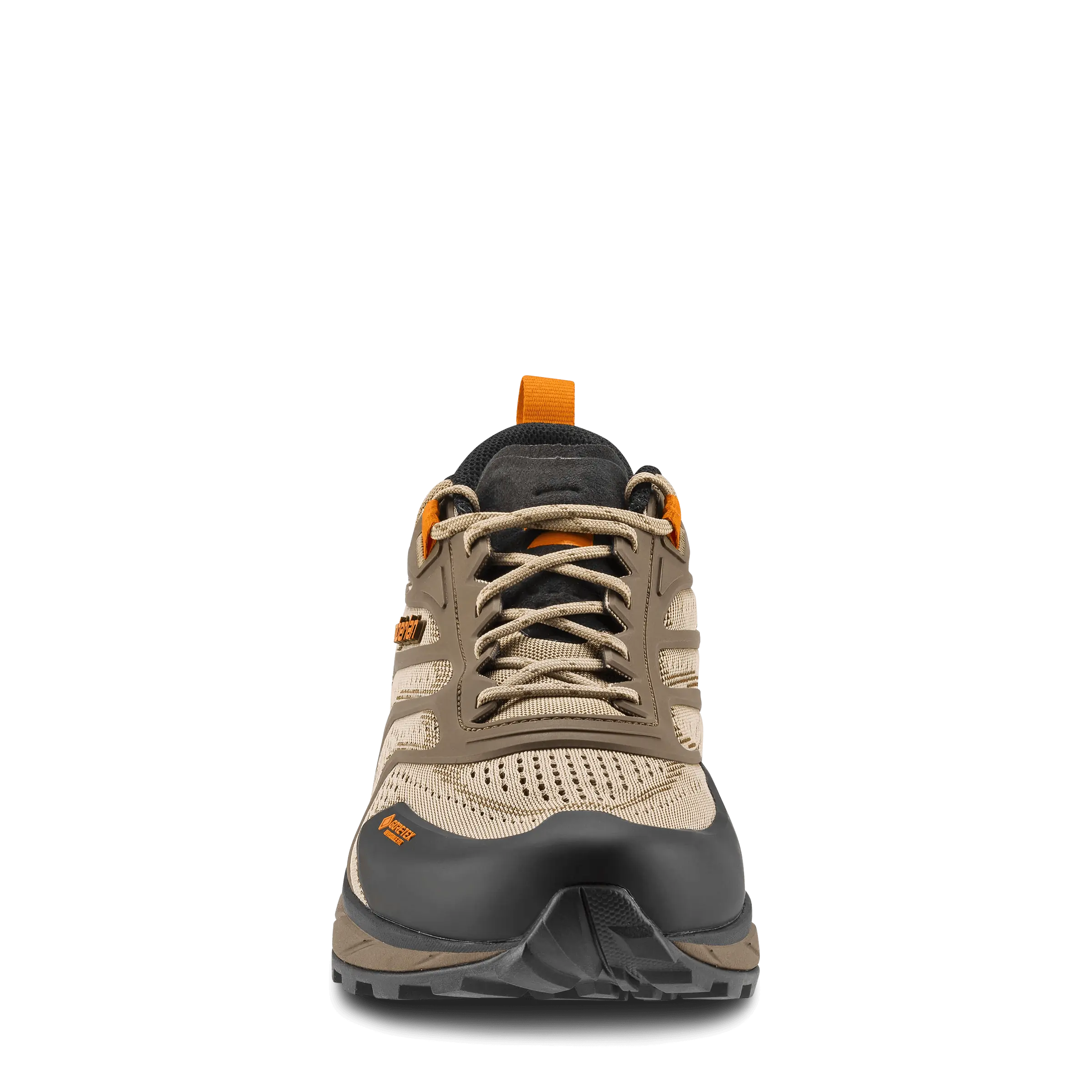Hiking shoe with orange accents on a black background