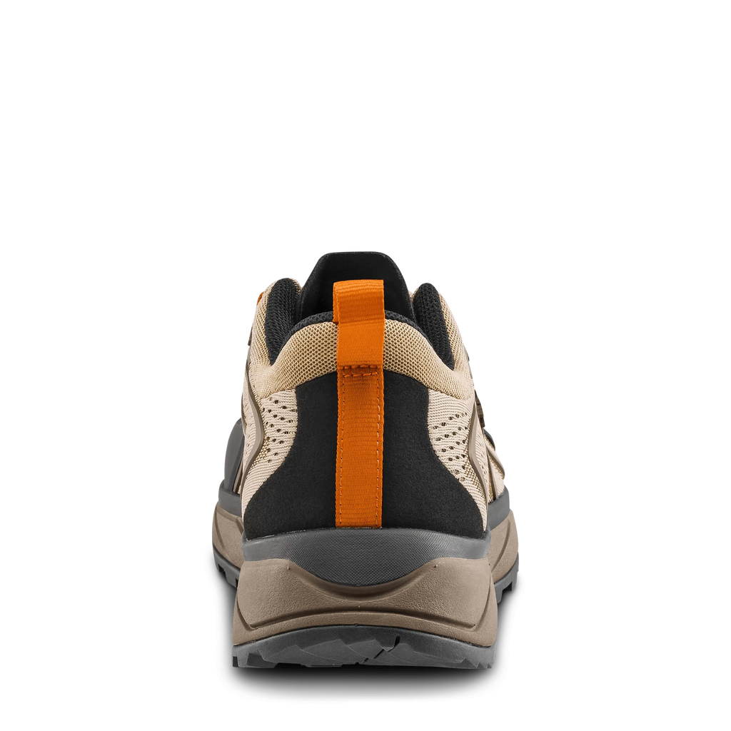 Back view of a hiking shoe with an orange pull tab on a black background