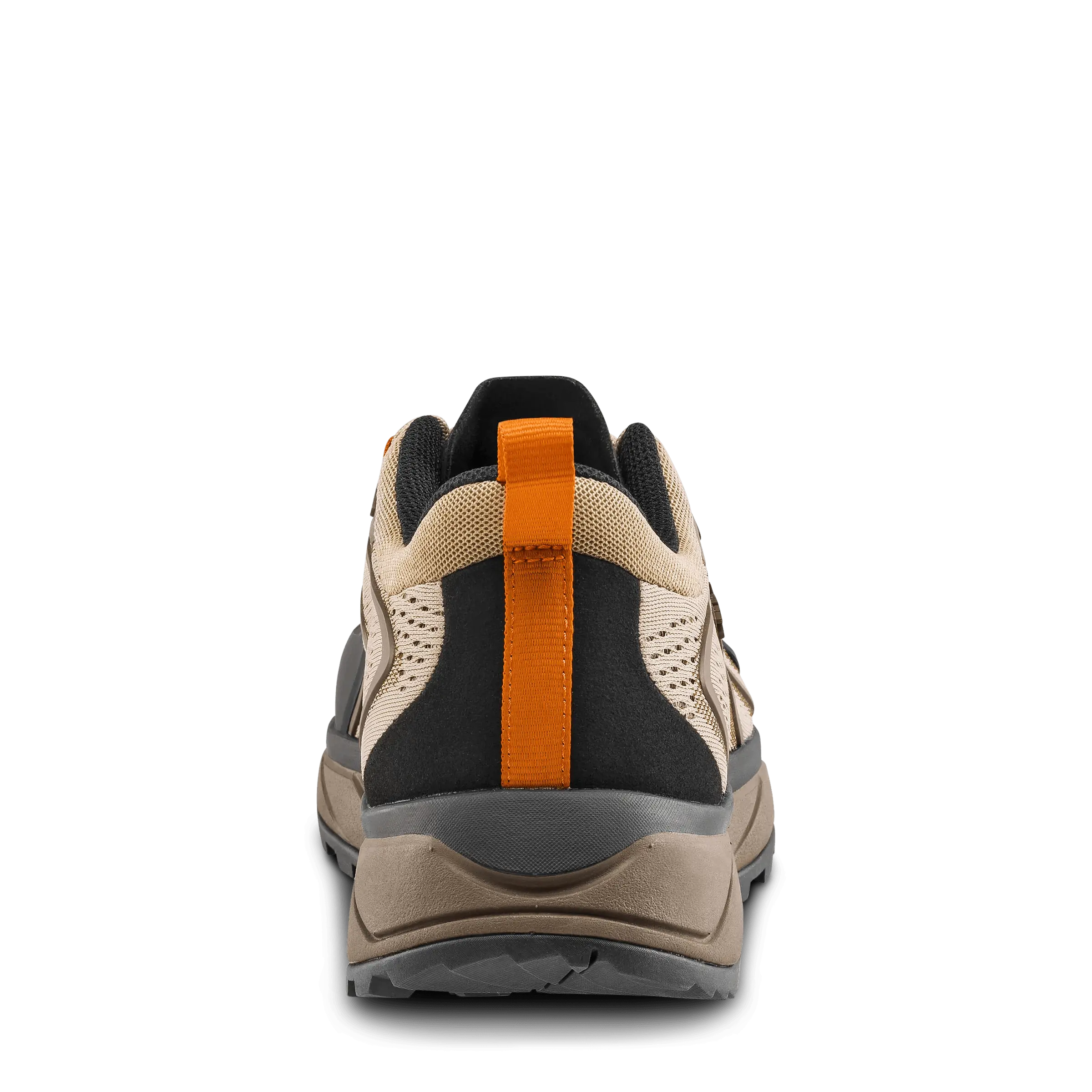 Back view of a hiking shoe with an orange pull tab on a black background
