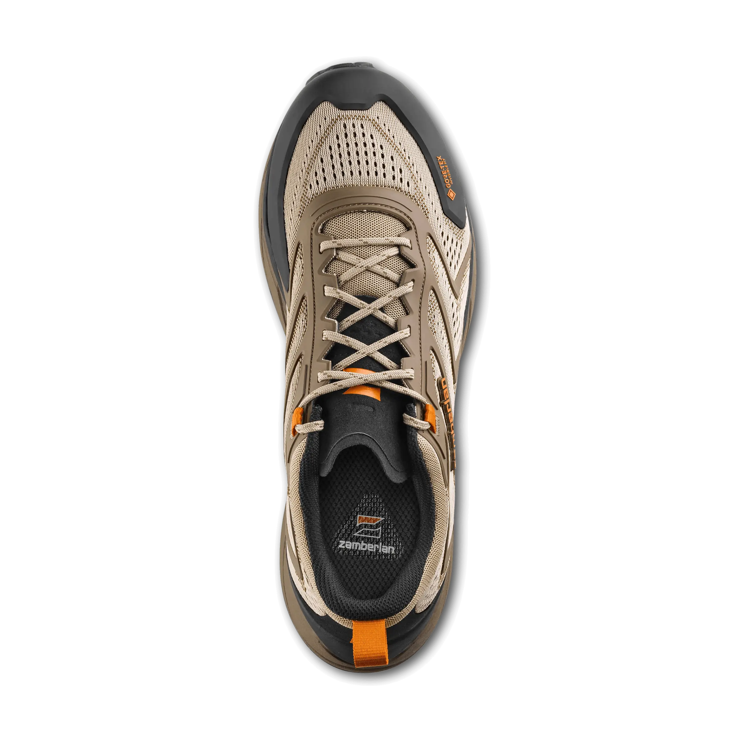 Tan and black athletic shoe with orange accents on a white background