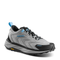 Gray hiking shoe with black sole on a white background