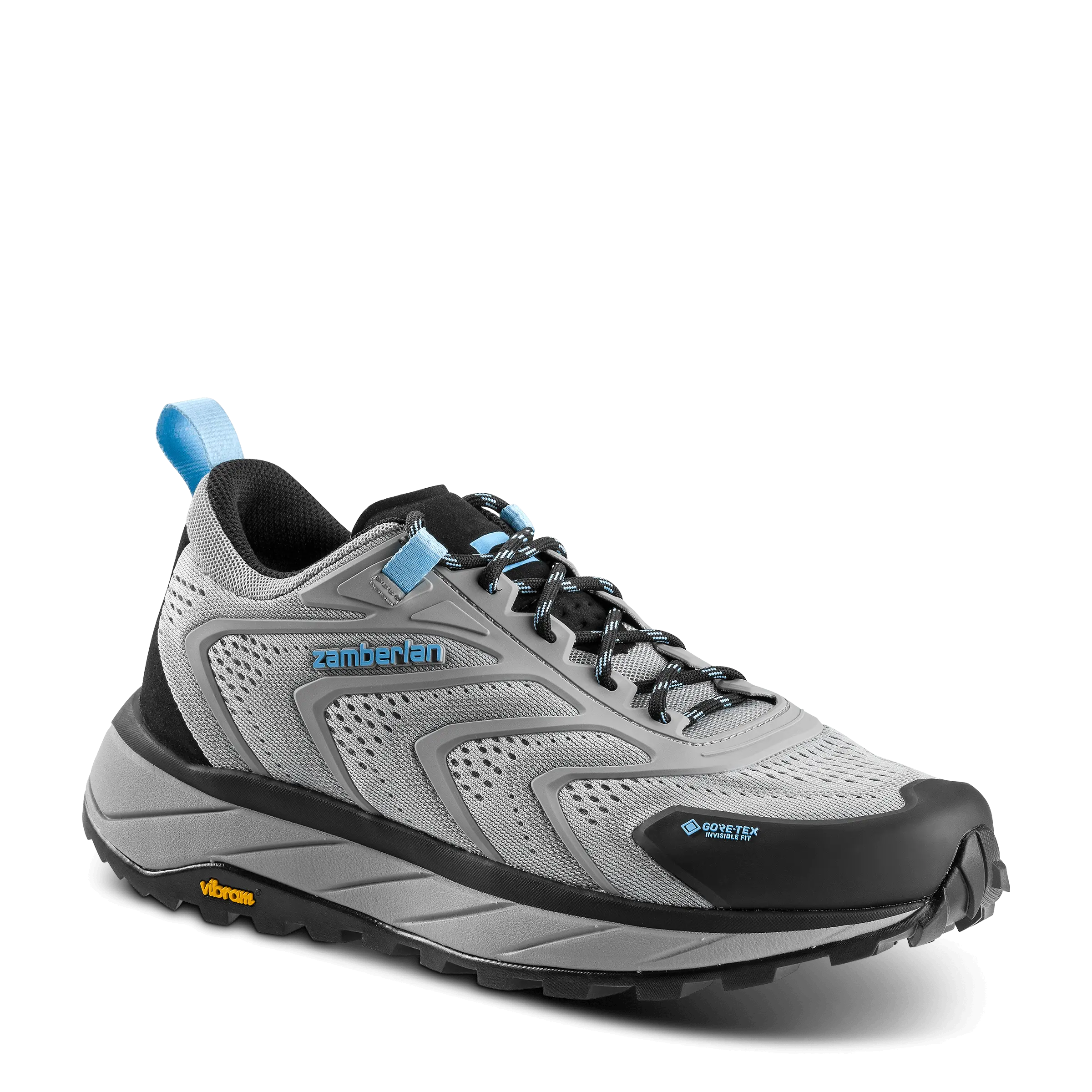 Gray hiking shoe with black sole on a white background
