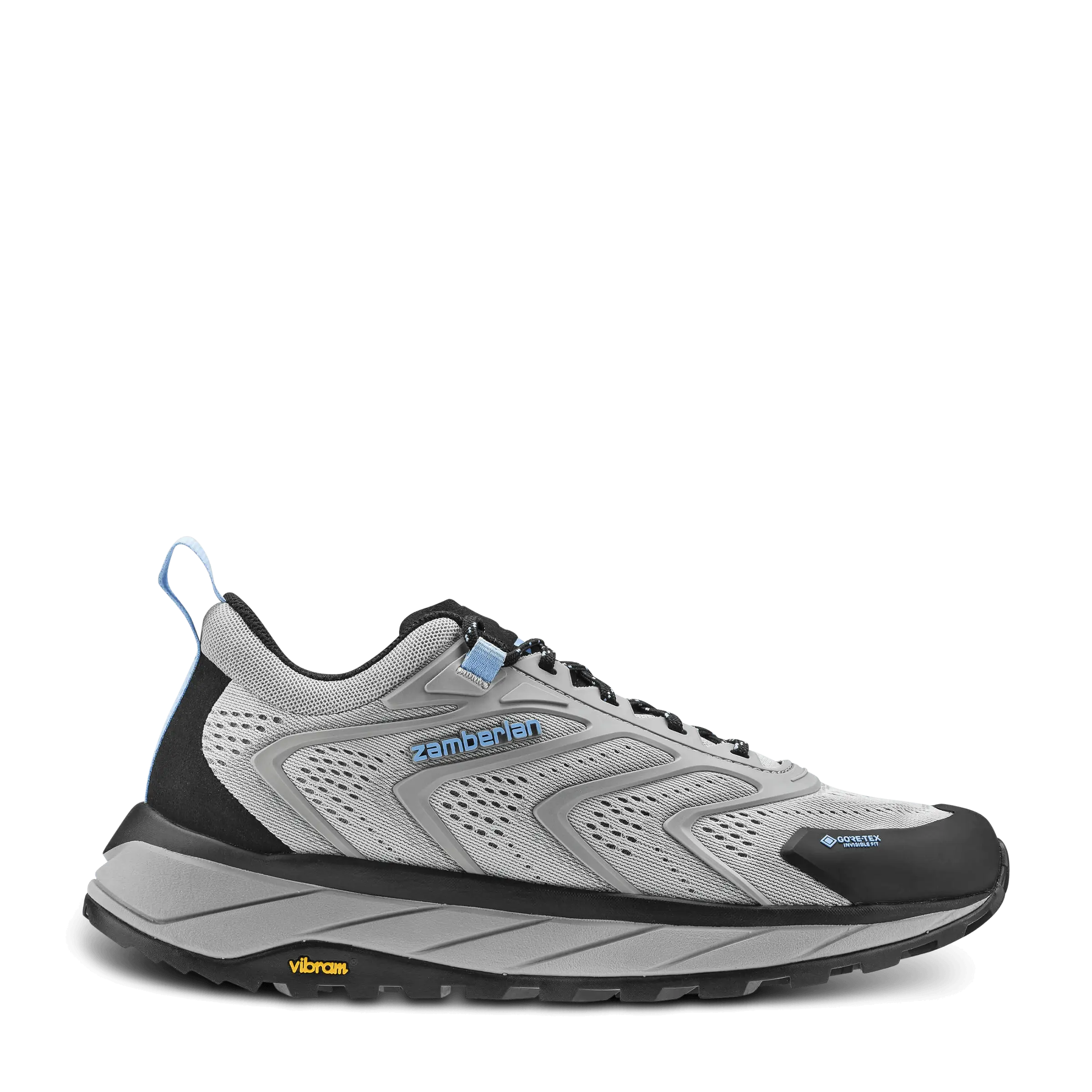 Gray and black athletic shoe on a white background