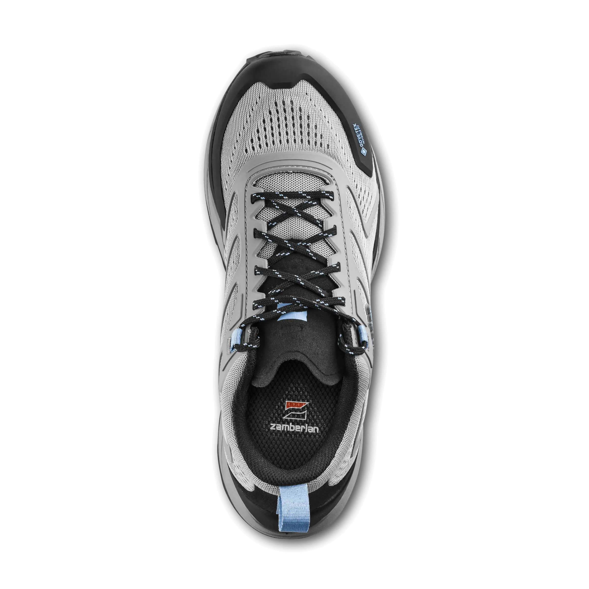 Gray and black athletic shoe on a white background