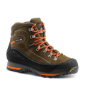 Brown hiking boot with orange laces on a black background