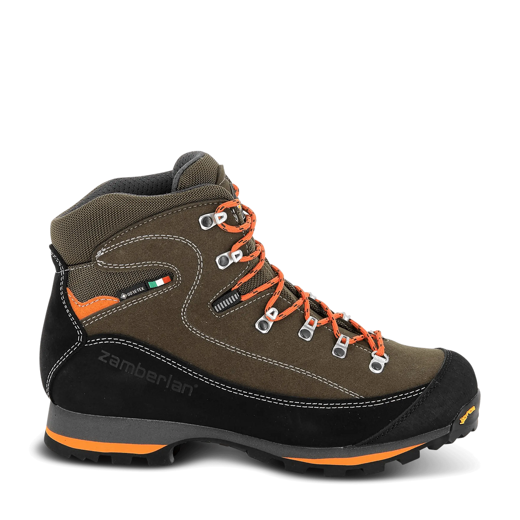 Brown hiking boot with orange accents on a black background