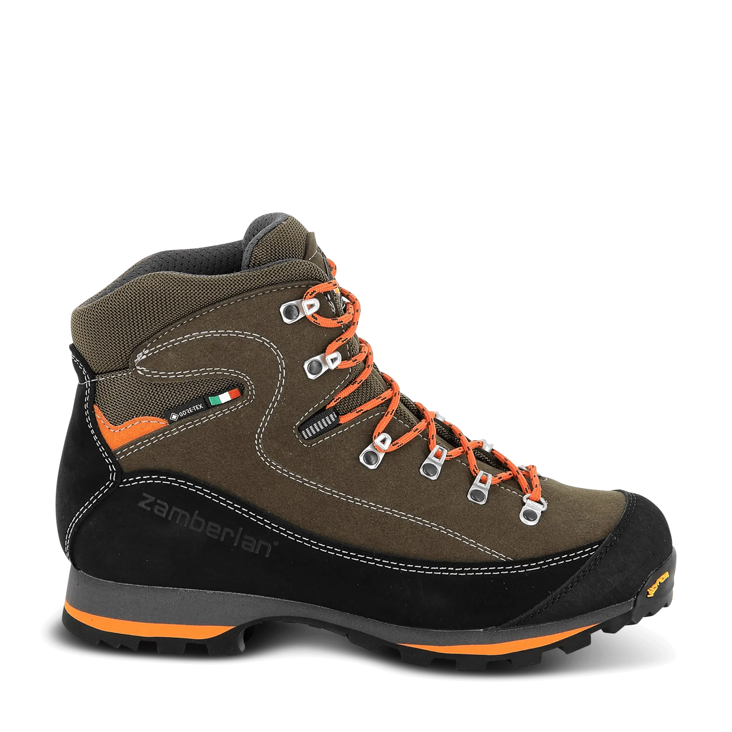 Brown hiking boot with orange accents on a black background