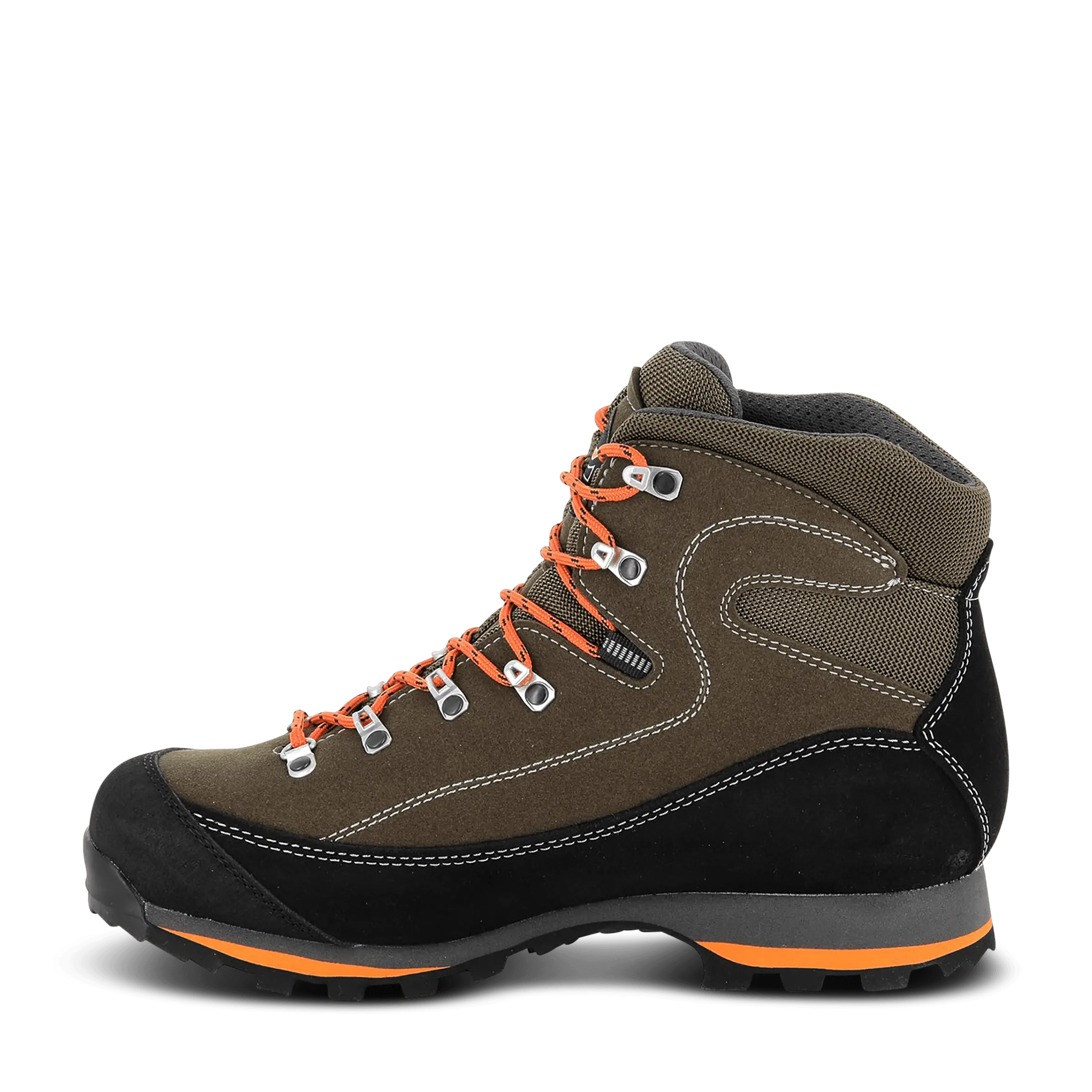 Brown hiking boot with orange accents on a black background