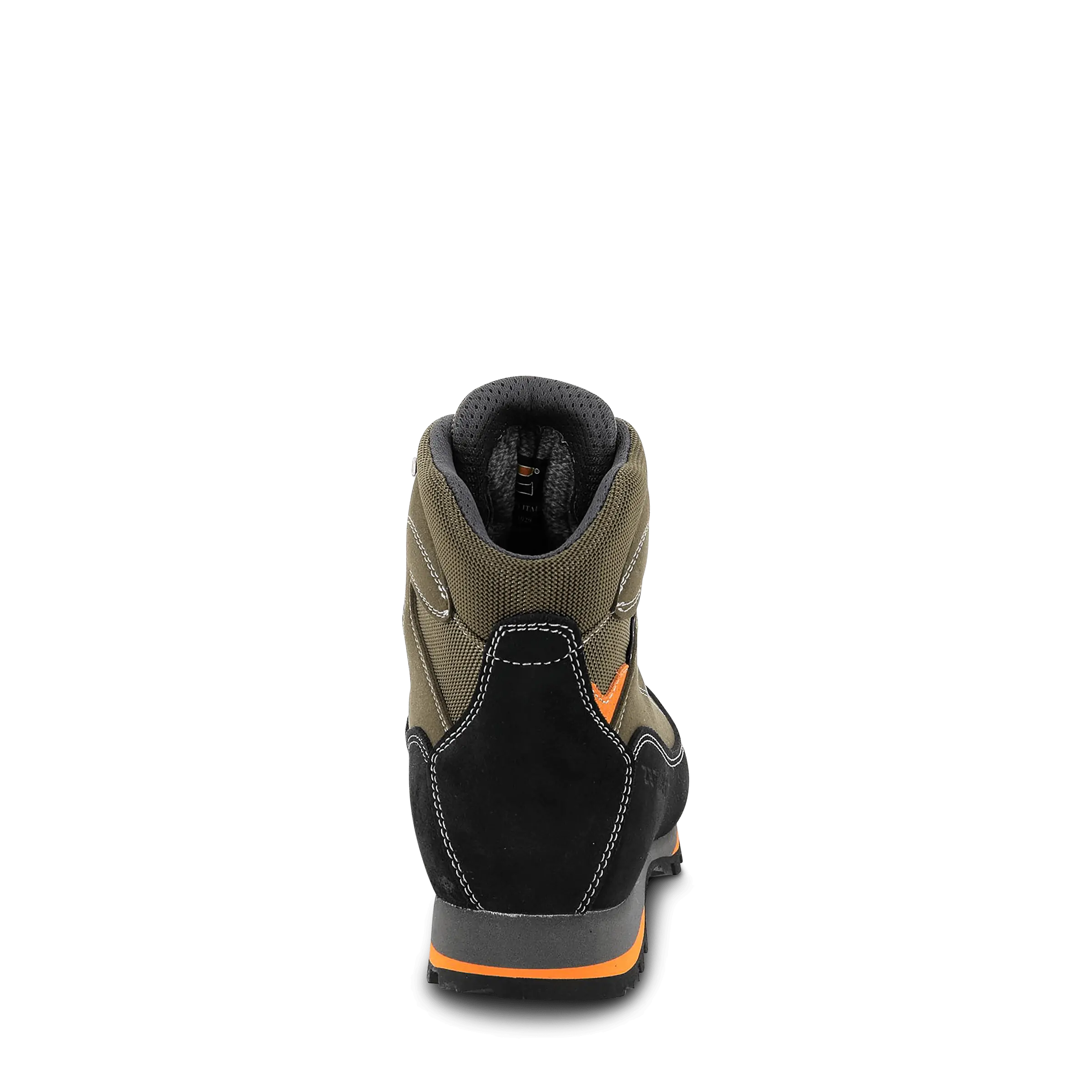 Back view of a hiking boot with orange accents on a transparent background