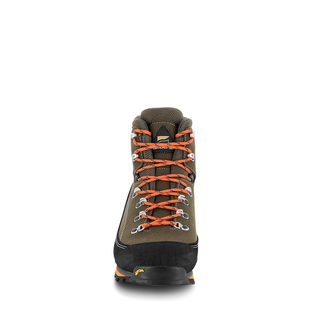 Hiking boot with orange laces on a black background