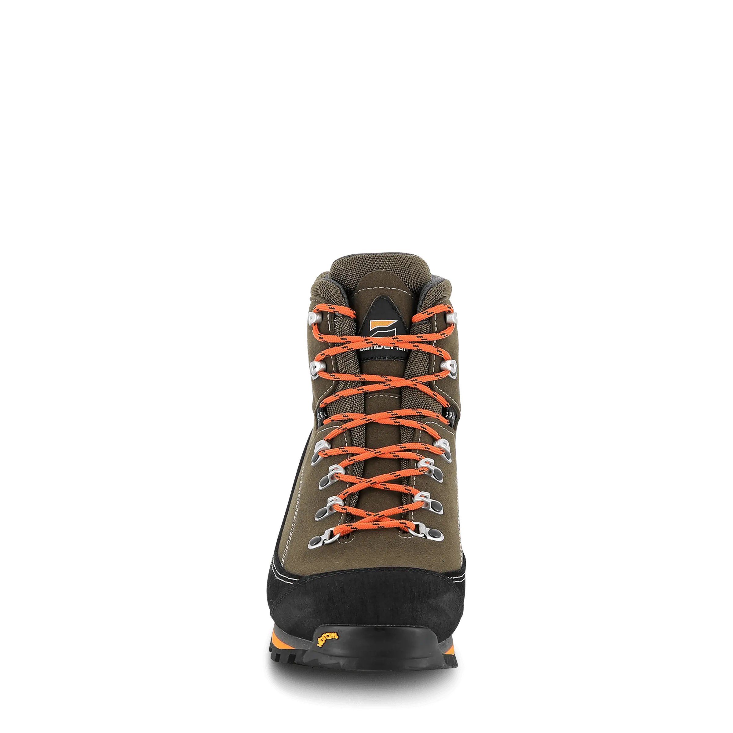 Hiking boot with orange laces on a black background