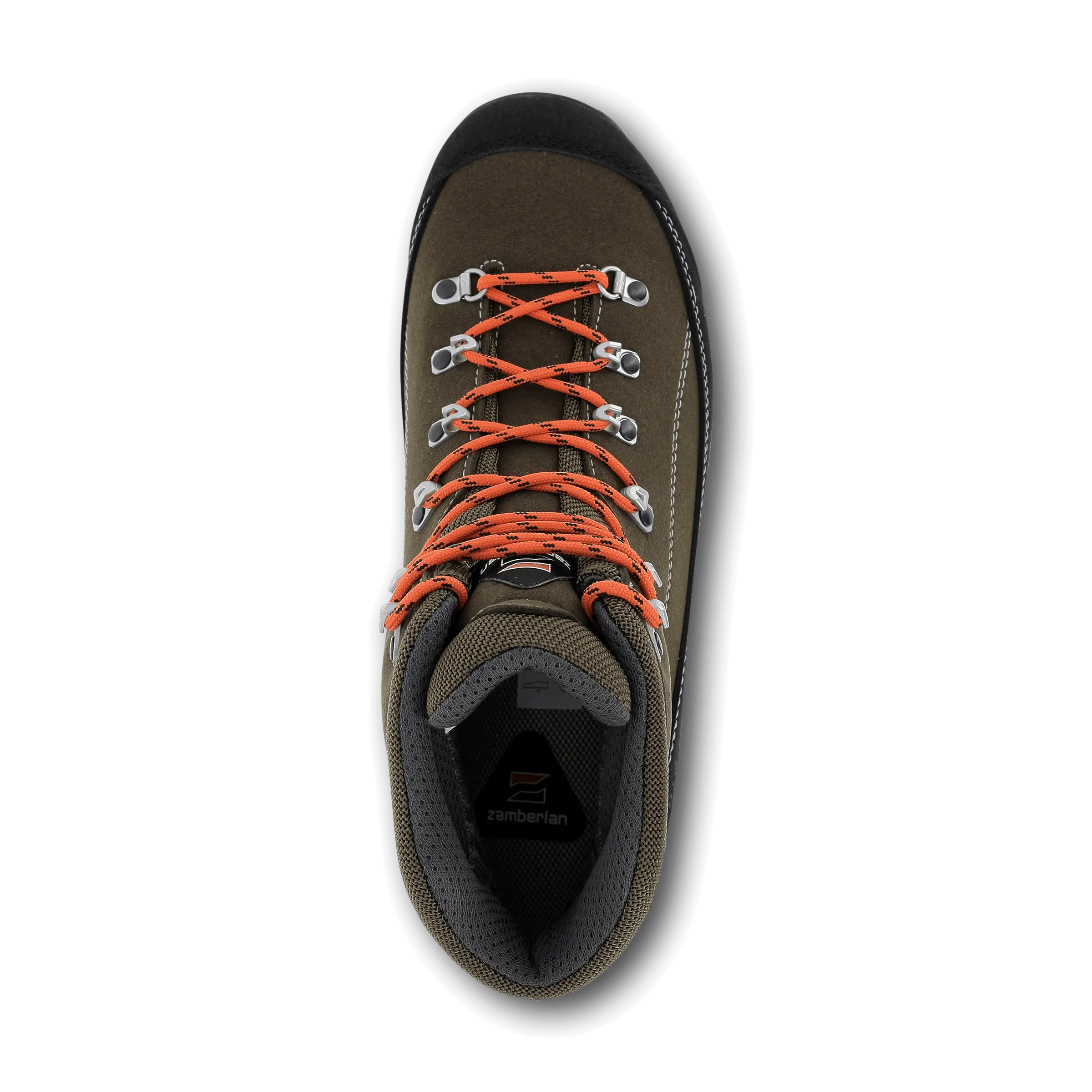 Hiking shoe with orange laces on a black background