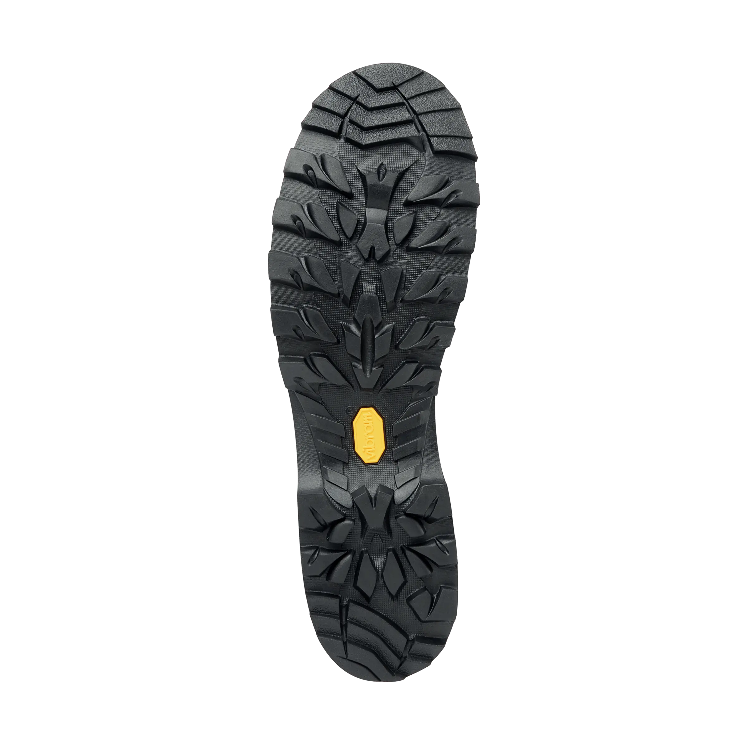 Black sole of a shoe with a yellow heel tab on a white background