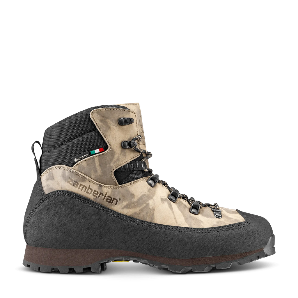 Hiking boot with zamberlan branding on a black background