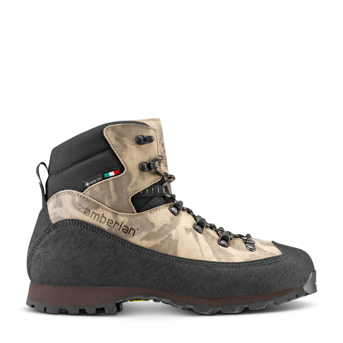 Hiking boot with zamberlan branding on a black background