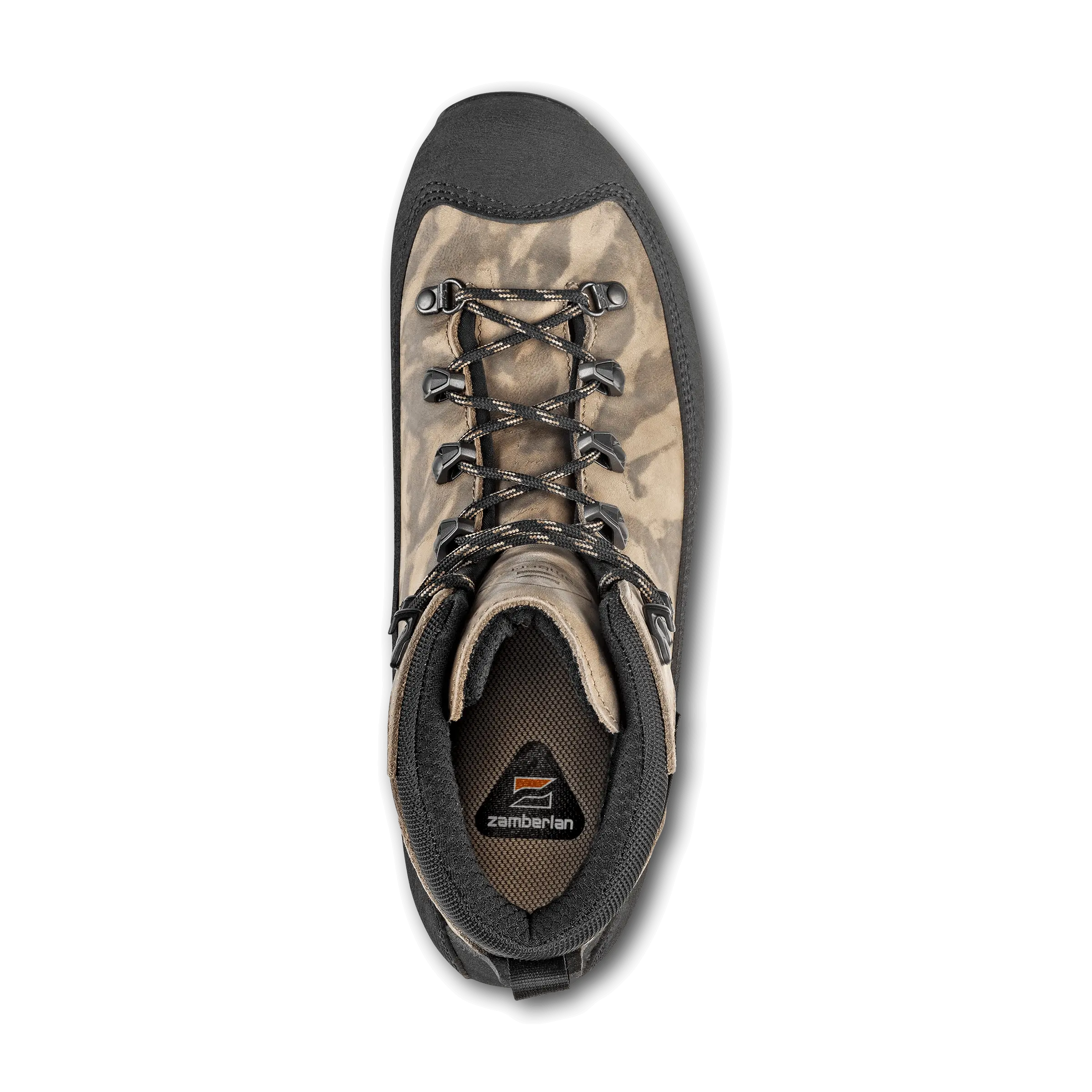 Camouflage hiking boot on a black background