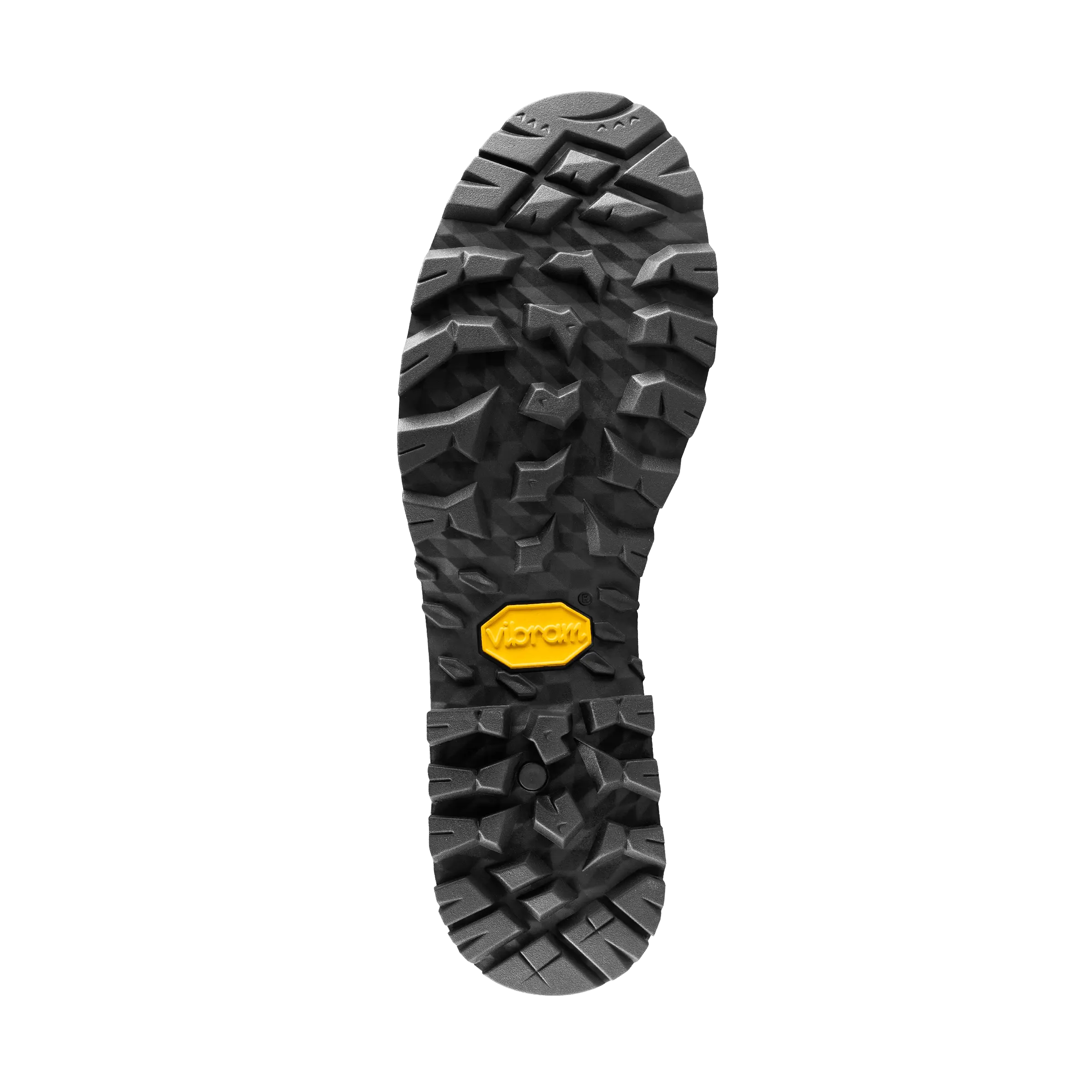 Close-up of a shoe sole with a brand logo on a black background