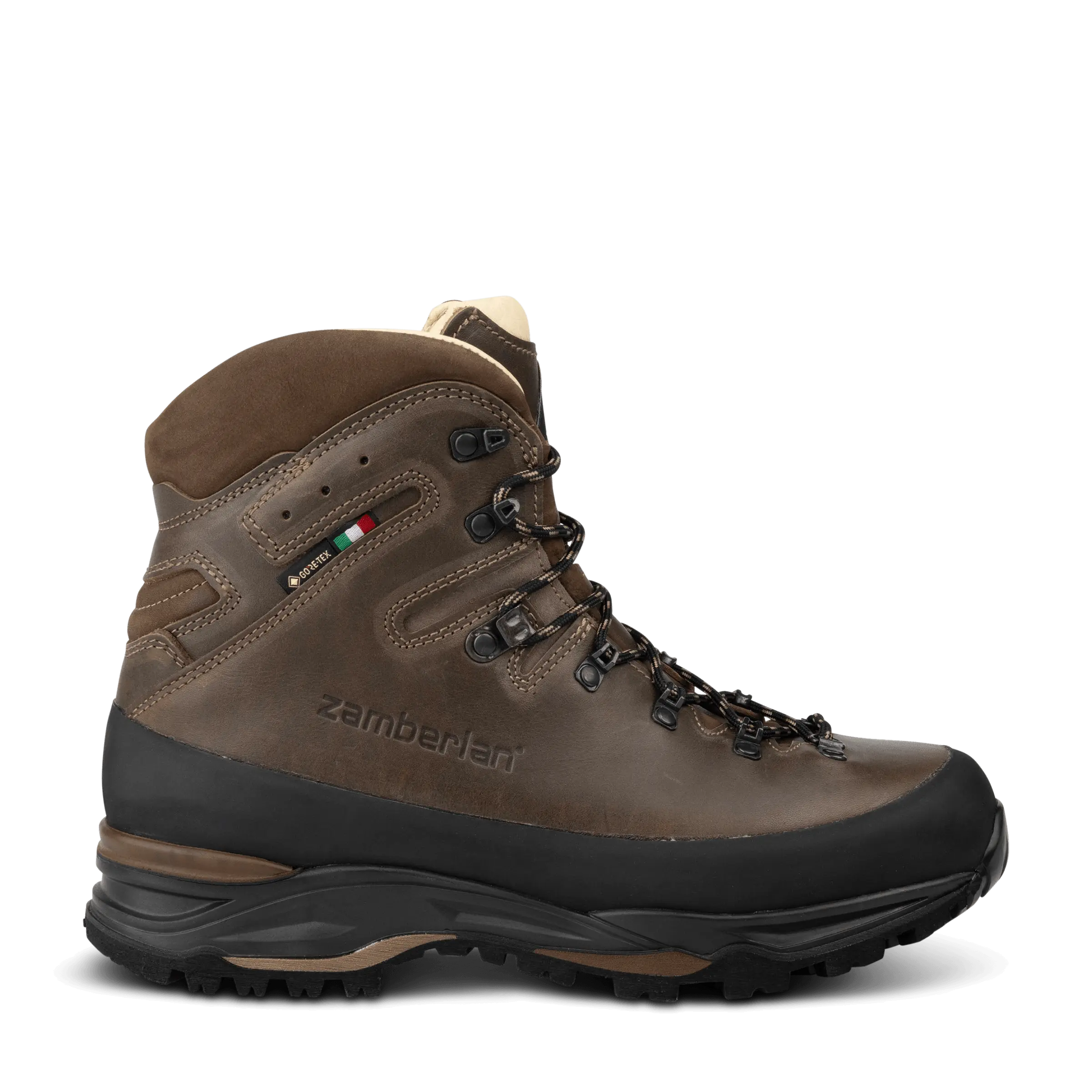 Brown hiking boot with black sole on a white background