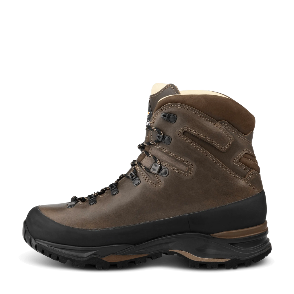 Brown hiking boot with black sole on a white background