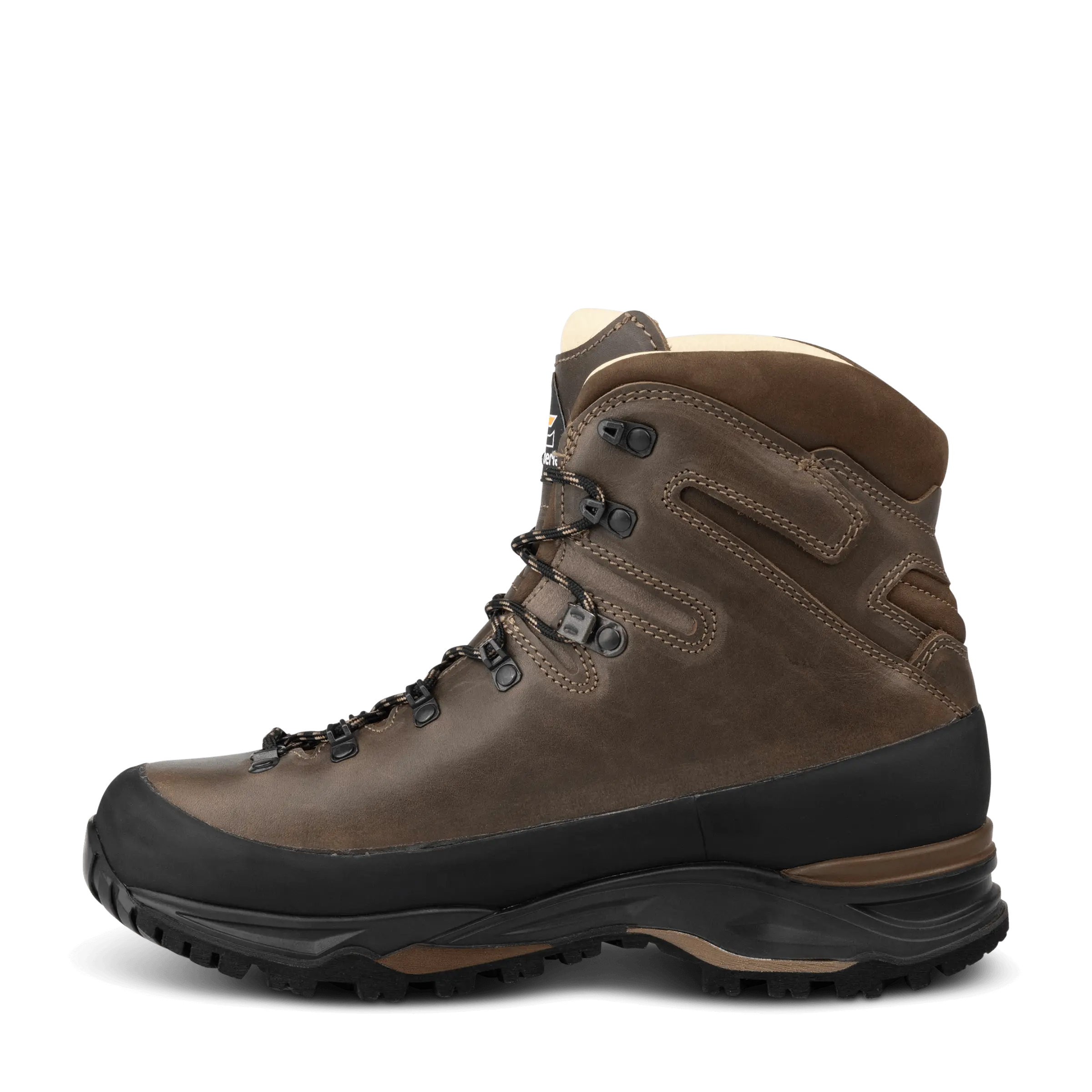 Brown hiking boot with black sole on a white background