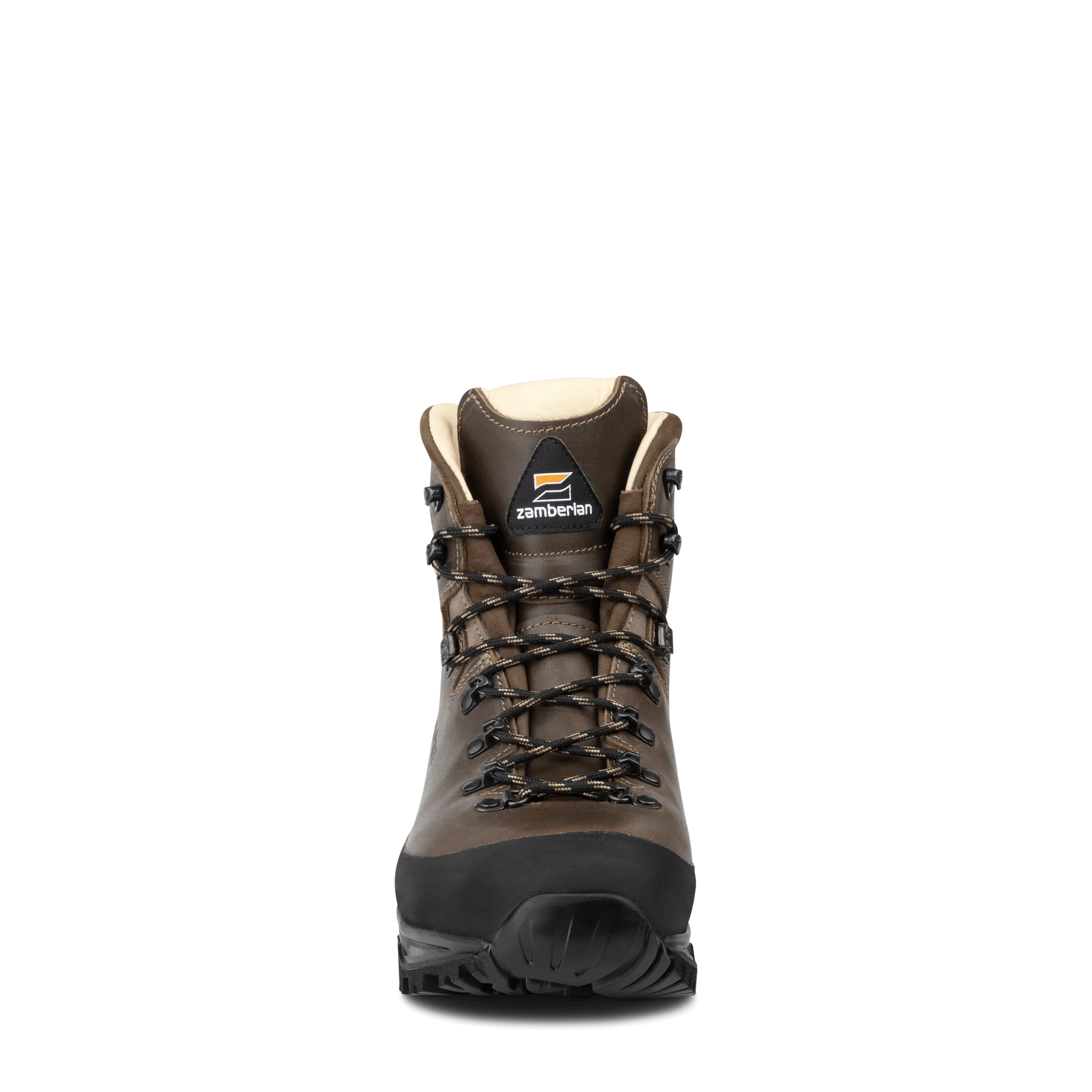 Brown hiking boot with black sole on a white background