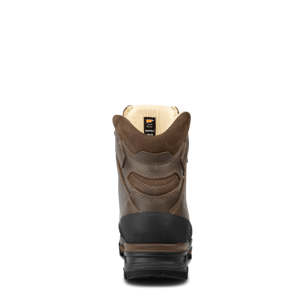 Brown boot with black sole on a white background