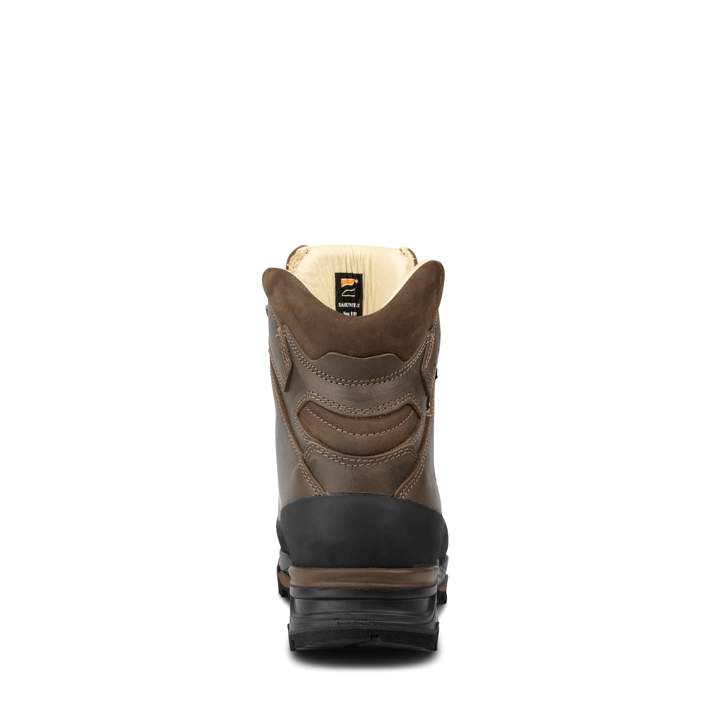 Brown boot with black sole on a white background