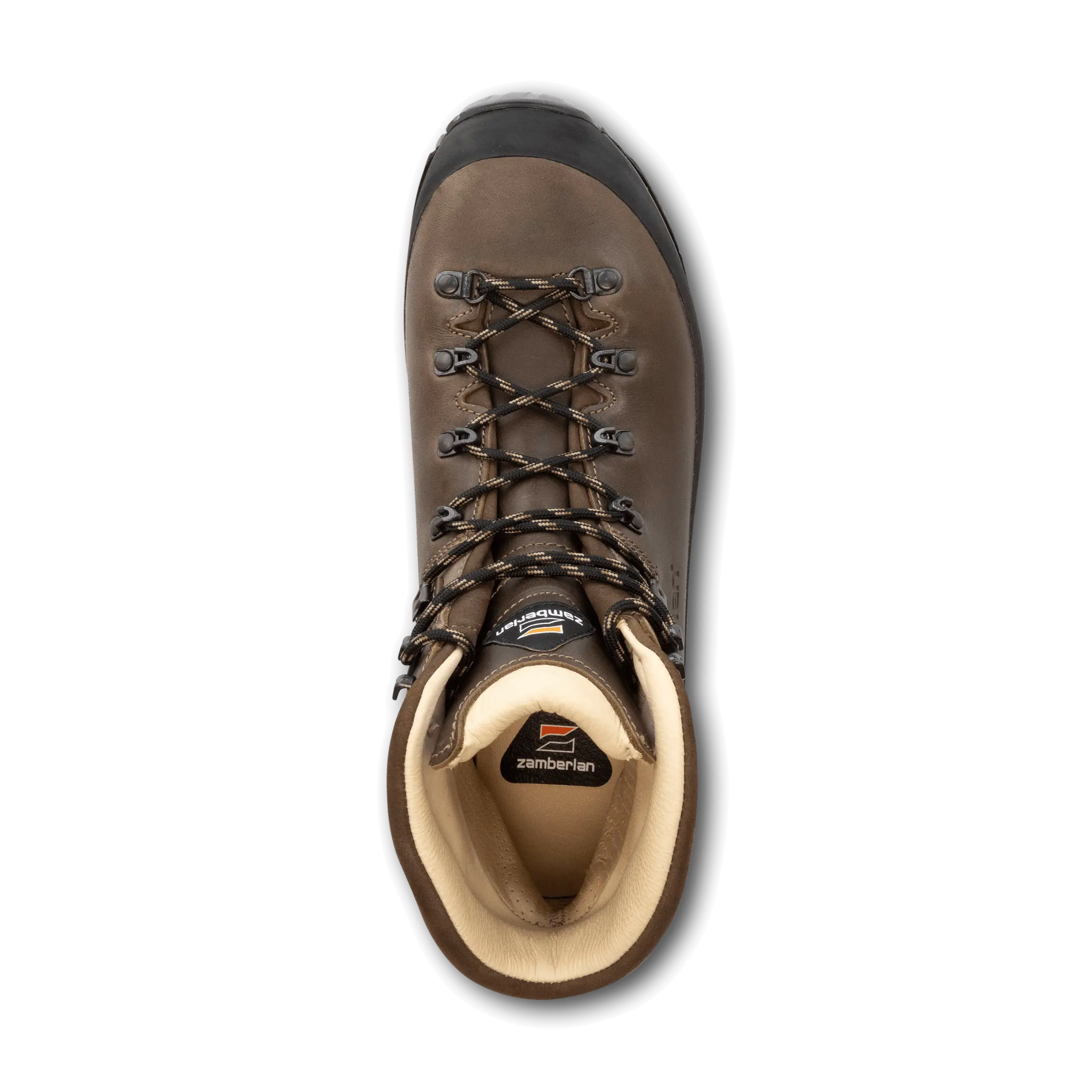 Brown hiking boot with visible brand logo on a black background
