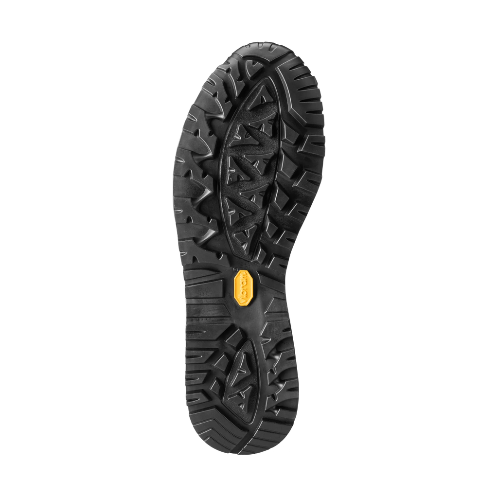 Black sole of a shoe with a yellow brand logo on a white background