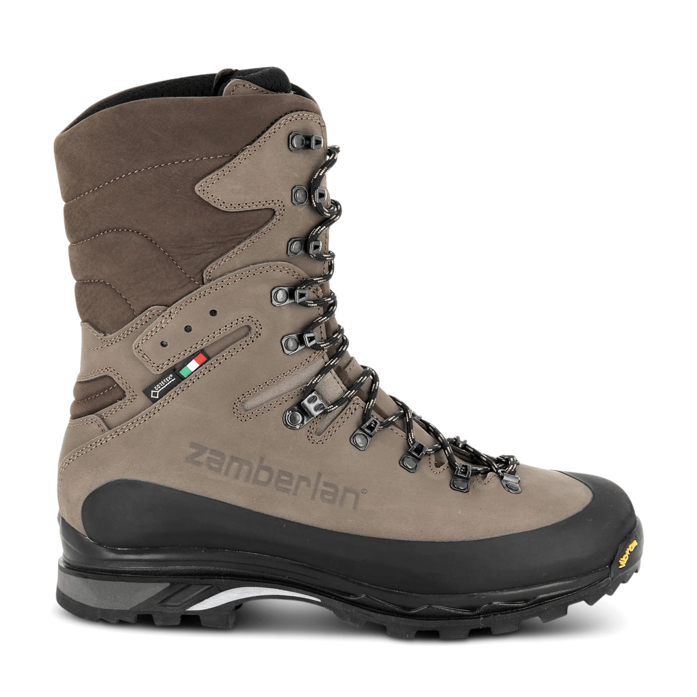 Brown hiking boot with black sole on a white background