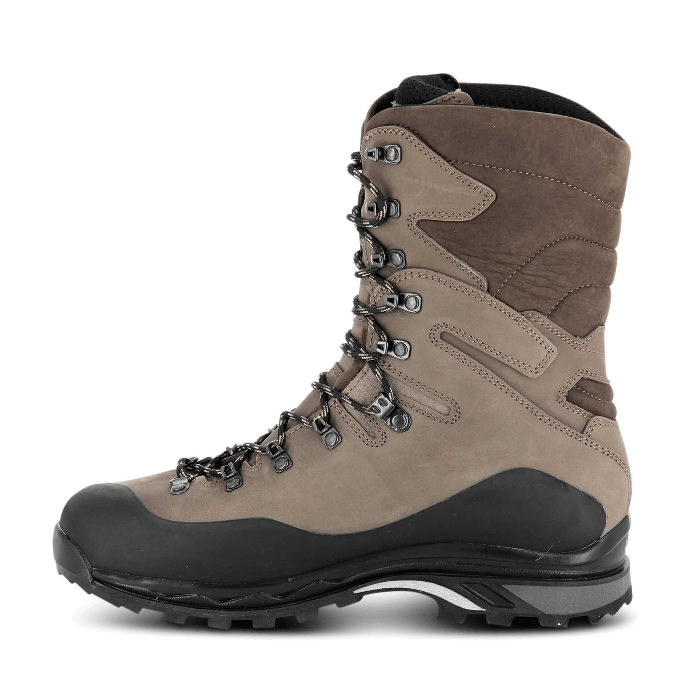 Brown hiking boot with black sole on a white background