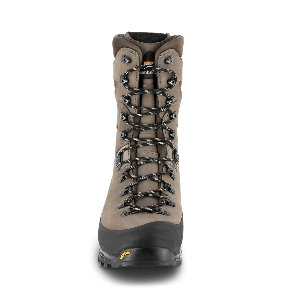 Brown hiking boot with black laces on a white background