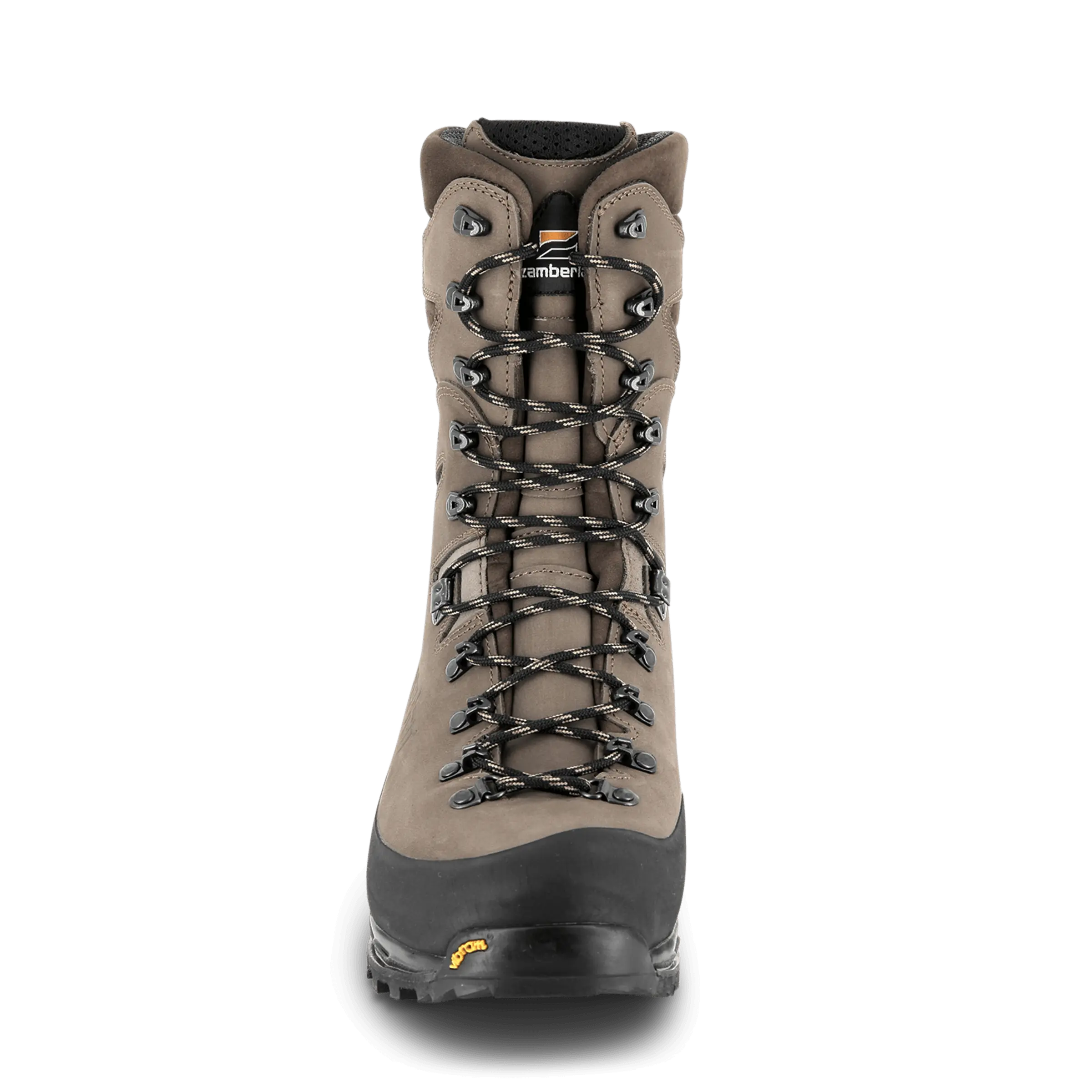 Brown hiking boot with black laces on a white background