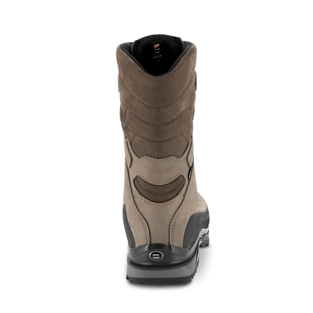 Brown hunting boot with black sole on a white background