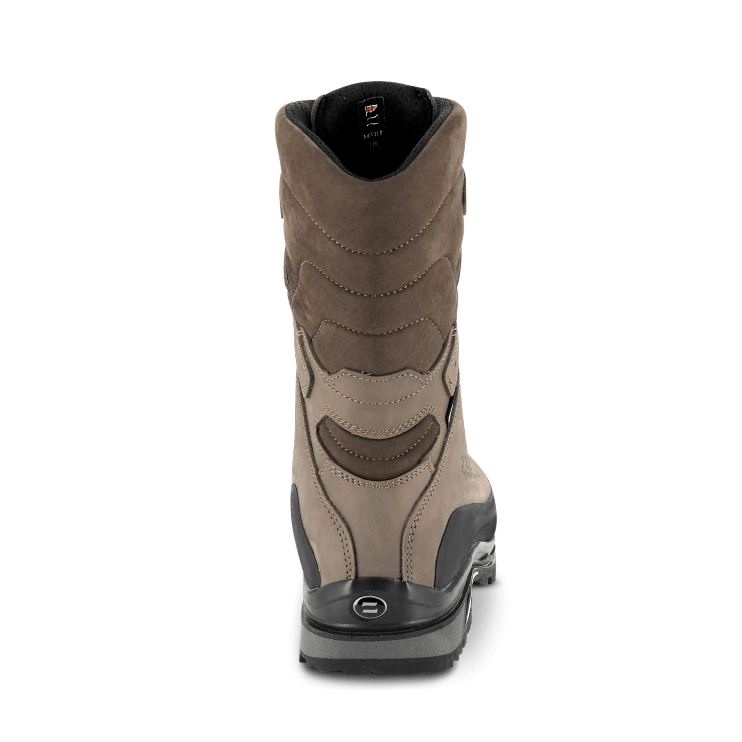 Brown hunting boot with black sole on a white background