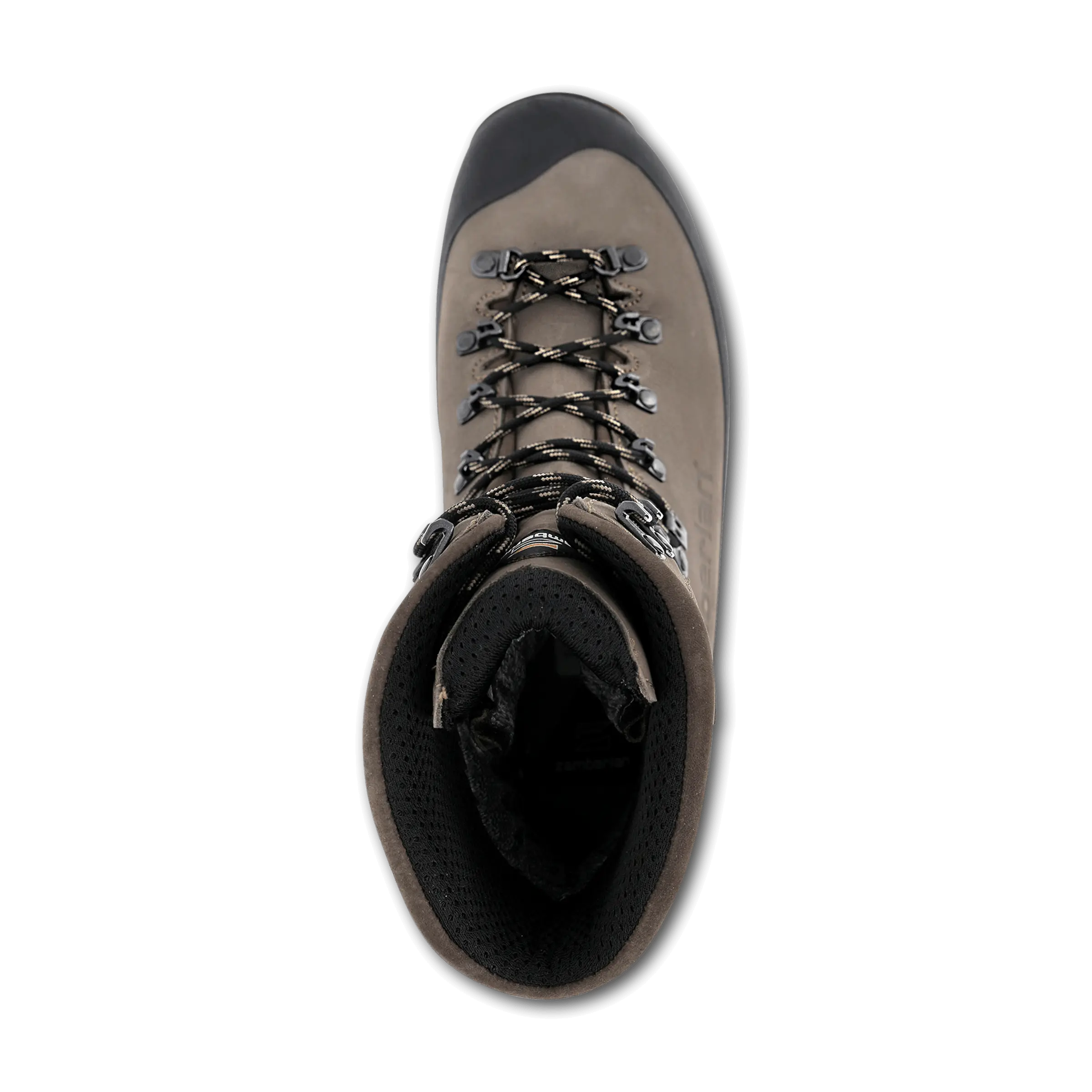 Brown hunting boot with black sole on a white background