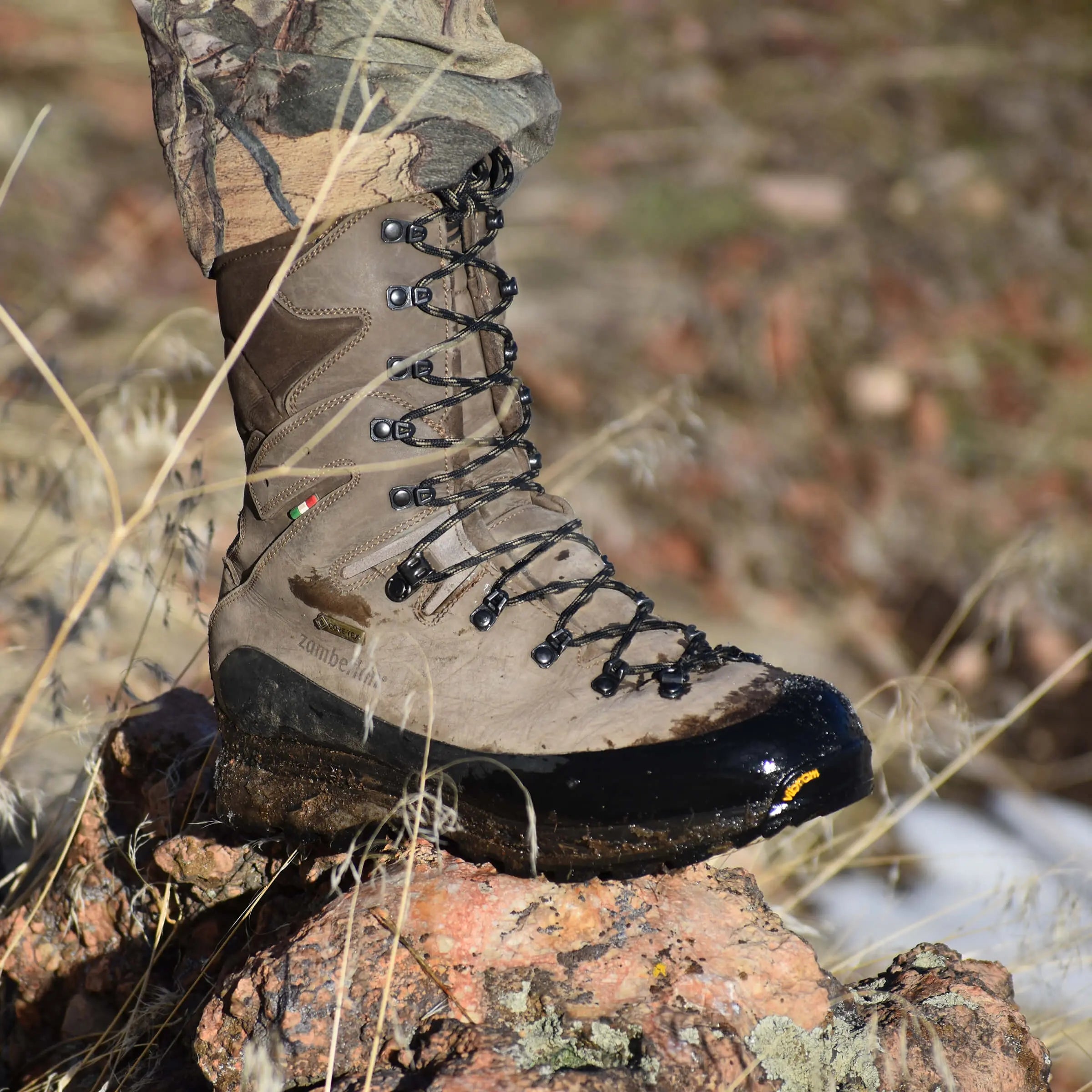 Brown boot on a rock with a natural background