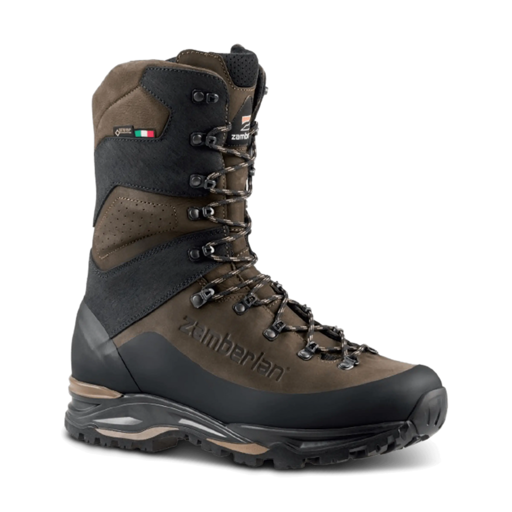 Brown and black hiking boot with Timberland branding on a transparent background