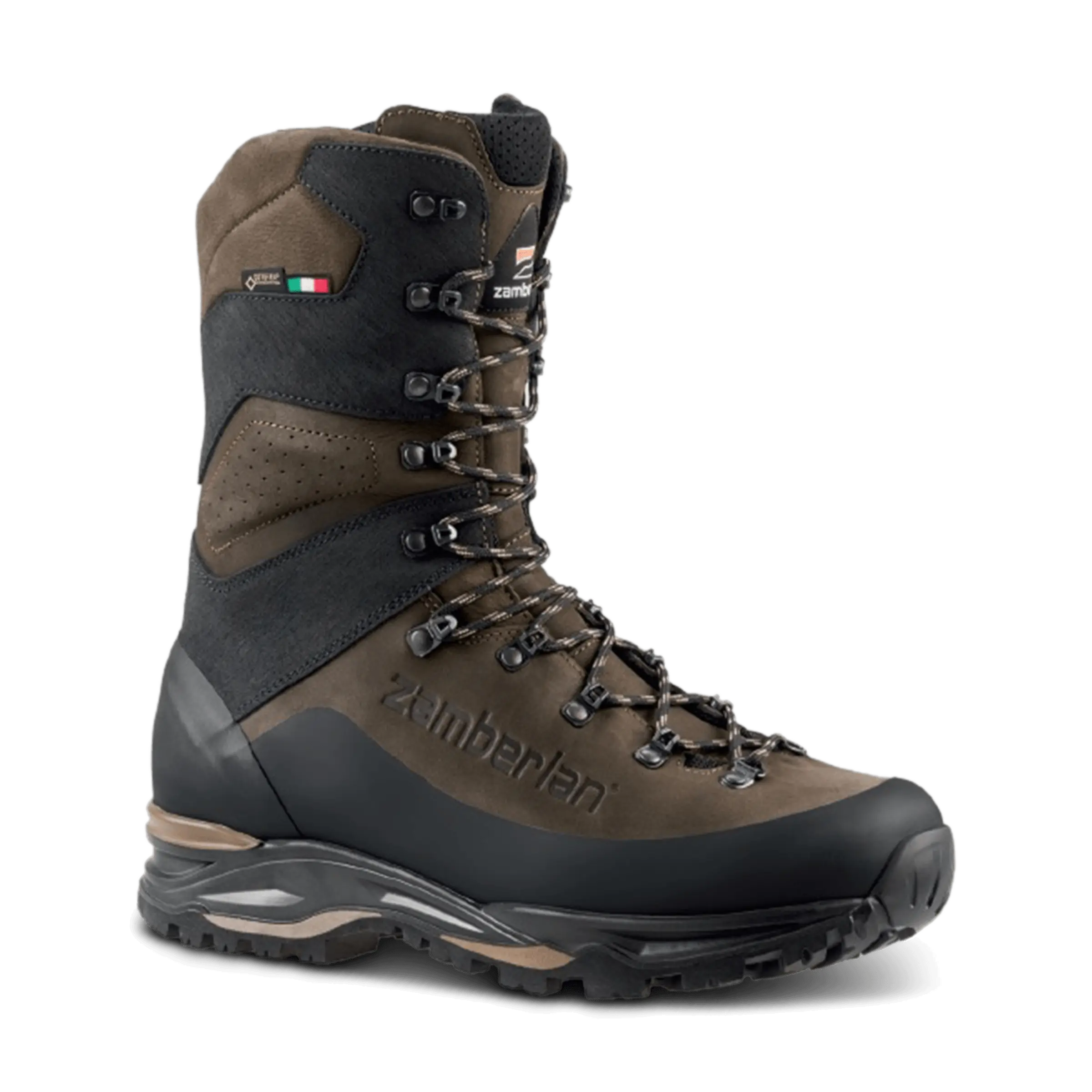 Brown and black hiking boot with Timberland branding on a transparent background